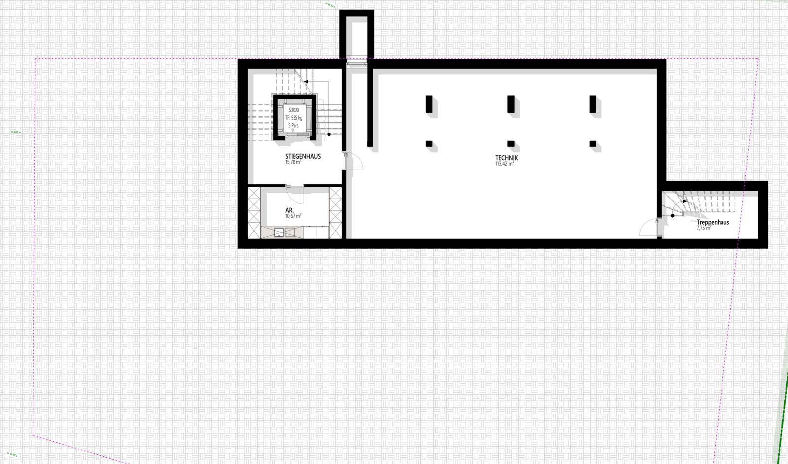 Grundriss eines weiteren Untergeschosses mit Technikraum und Treppenhaus.