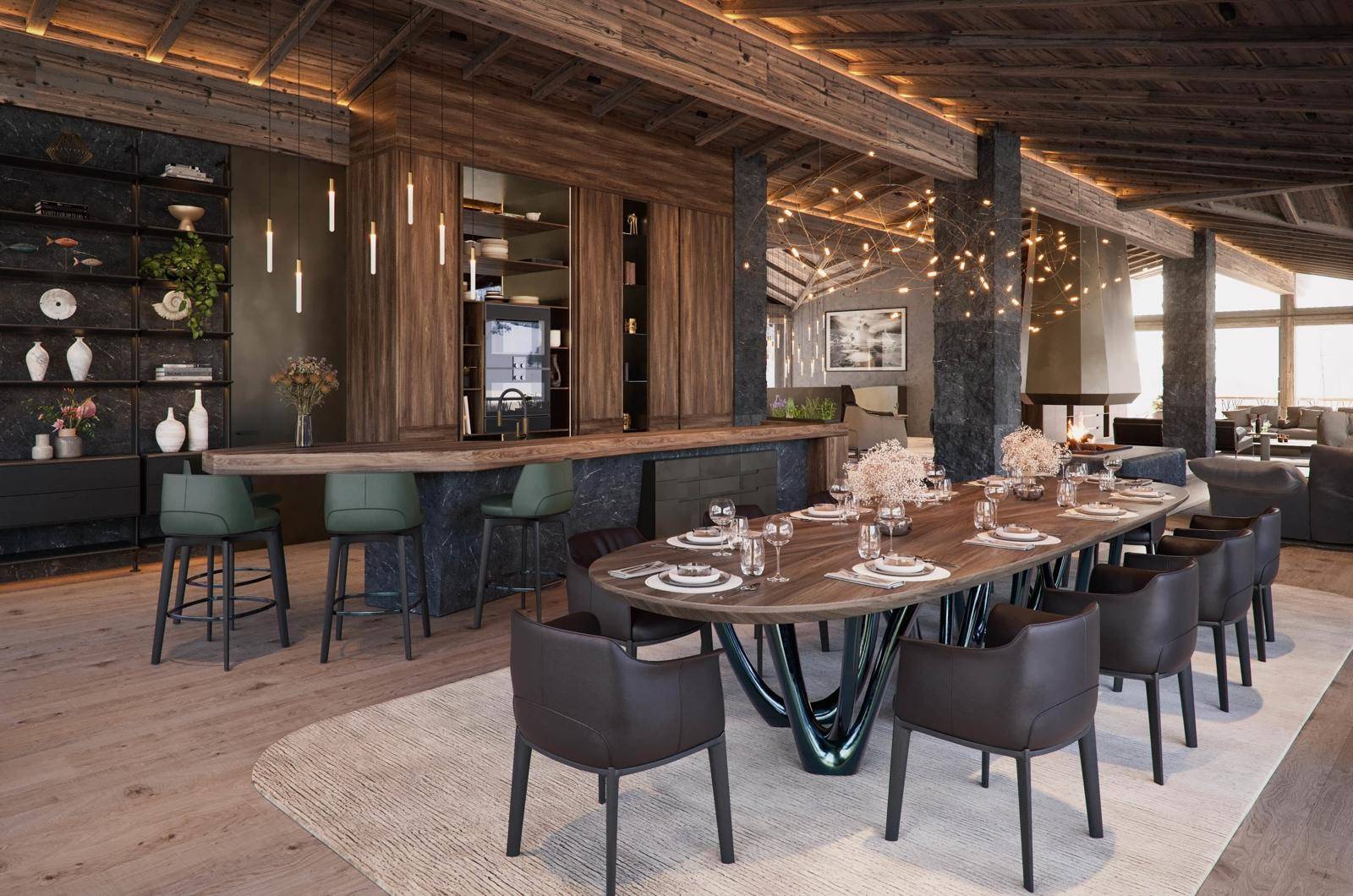 Eleganter Essbereich mit langem Holztisch, Bar und stilvoller Beleuchtung unter einer Holzbalkendecke.
