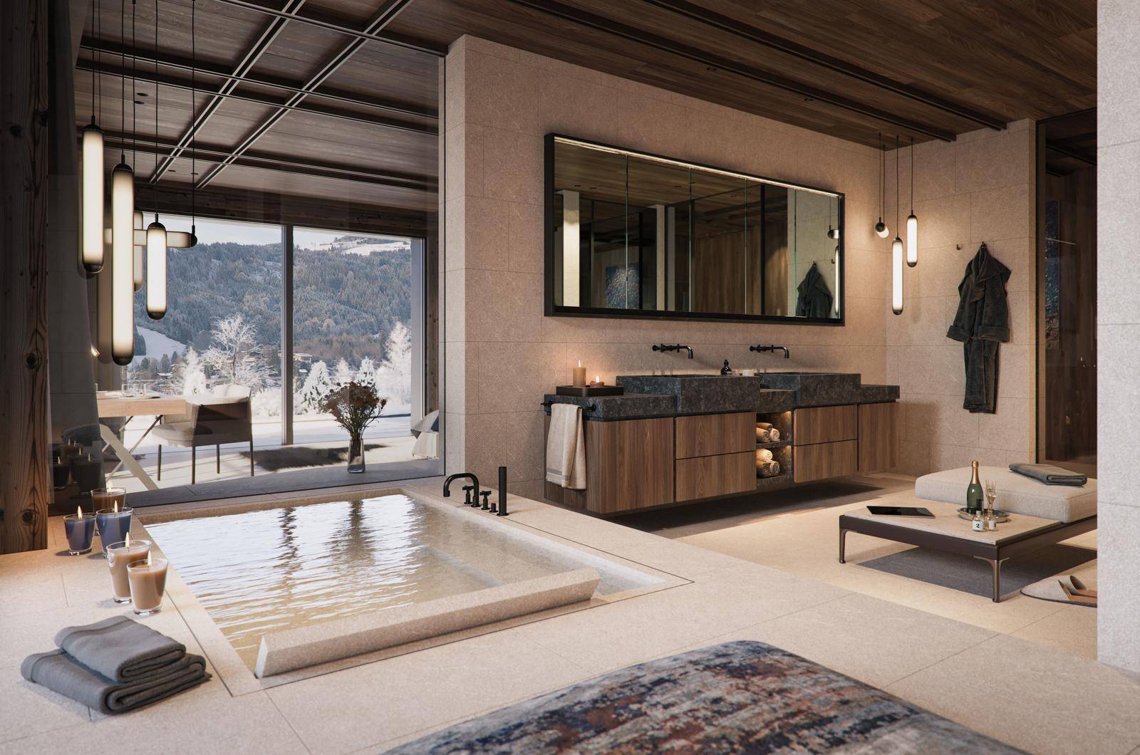 Luxuriöses Badezimmer mit eingelassener Badewanne, Doppelwaschbecken und Panoramafenster mit Winterlandschaftsblick.