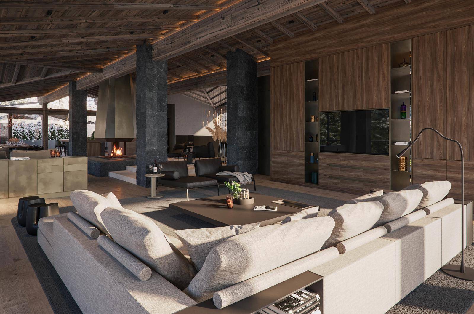 Geräumiges Wohnzimmer im Chalet-Stil mit Holzbalkendecke, modernem Kamin und großem Ecksofa.