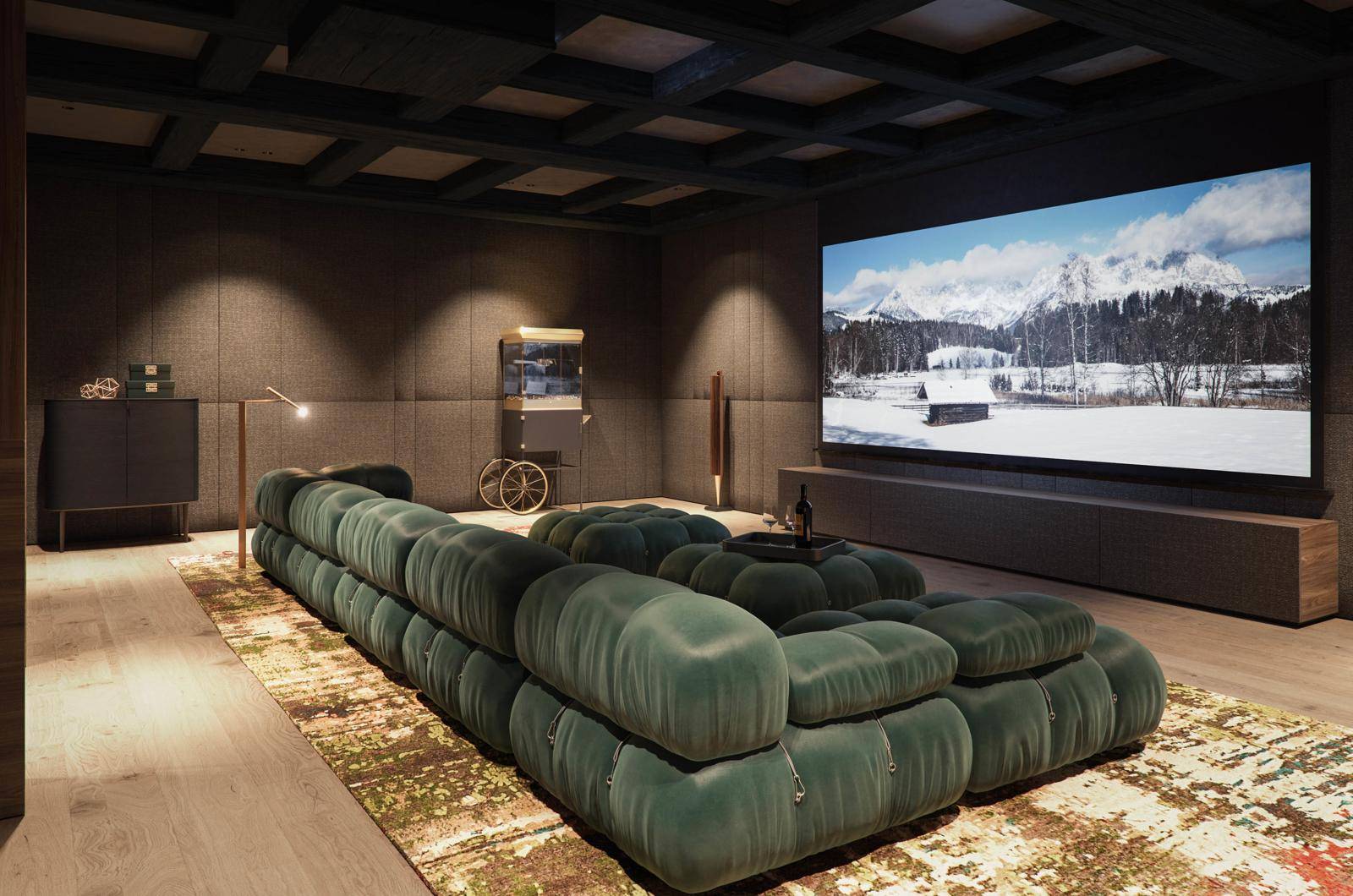 Privates Heimkino mit großer Leinwand, bequemen Samtsofas und Popcornmaschine für Filmabende.