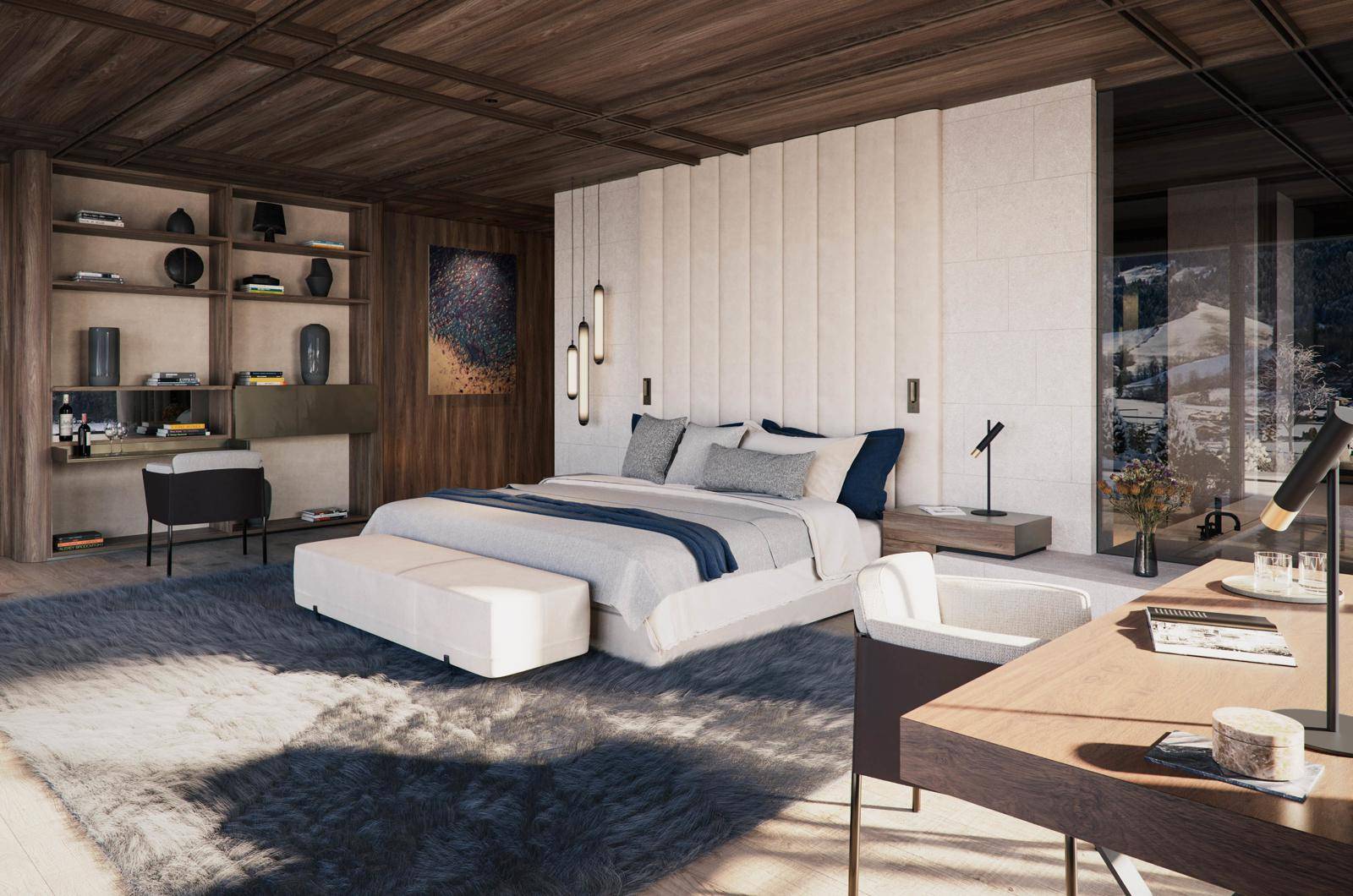 Luxuriöses Schlafzimmer mit Holzbalkendecke, großem Bett und integriertem Arbeitsbereich mit Bergblick.