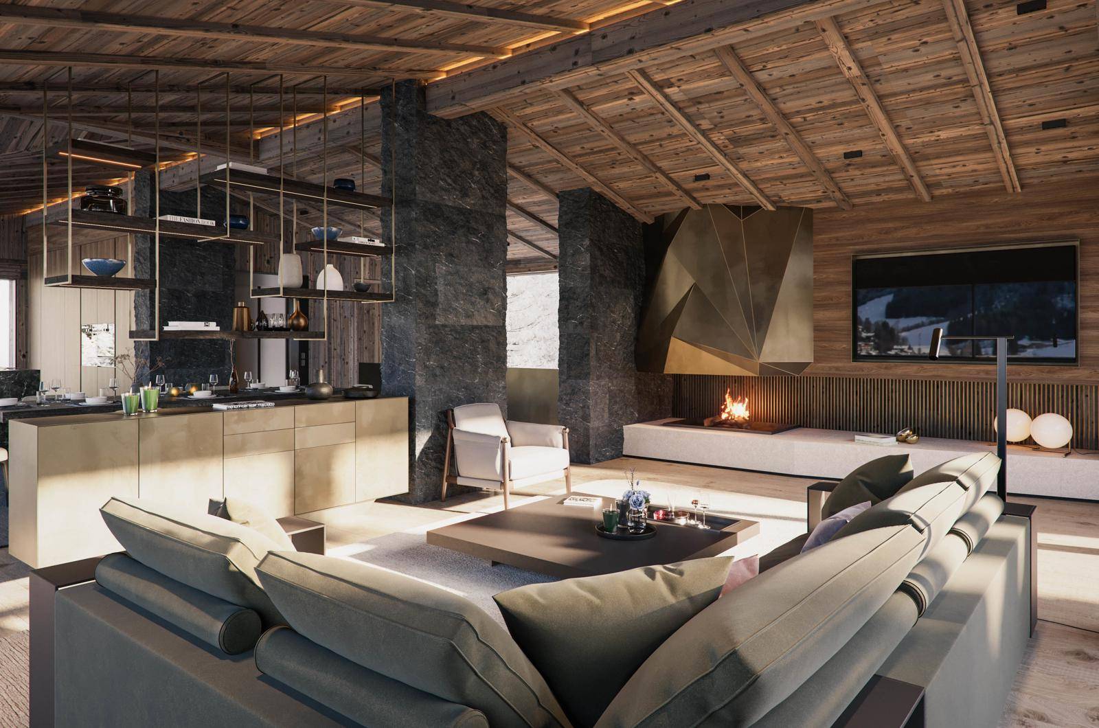 Großzügiges Wohnzimmer mit modernem Kamin, bequemer Sitzecke und Holzbalkendecke.