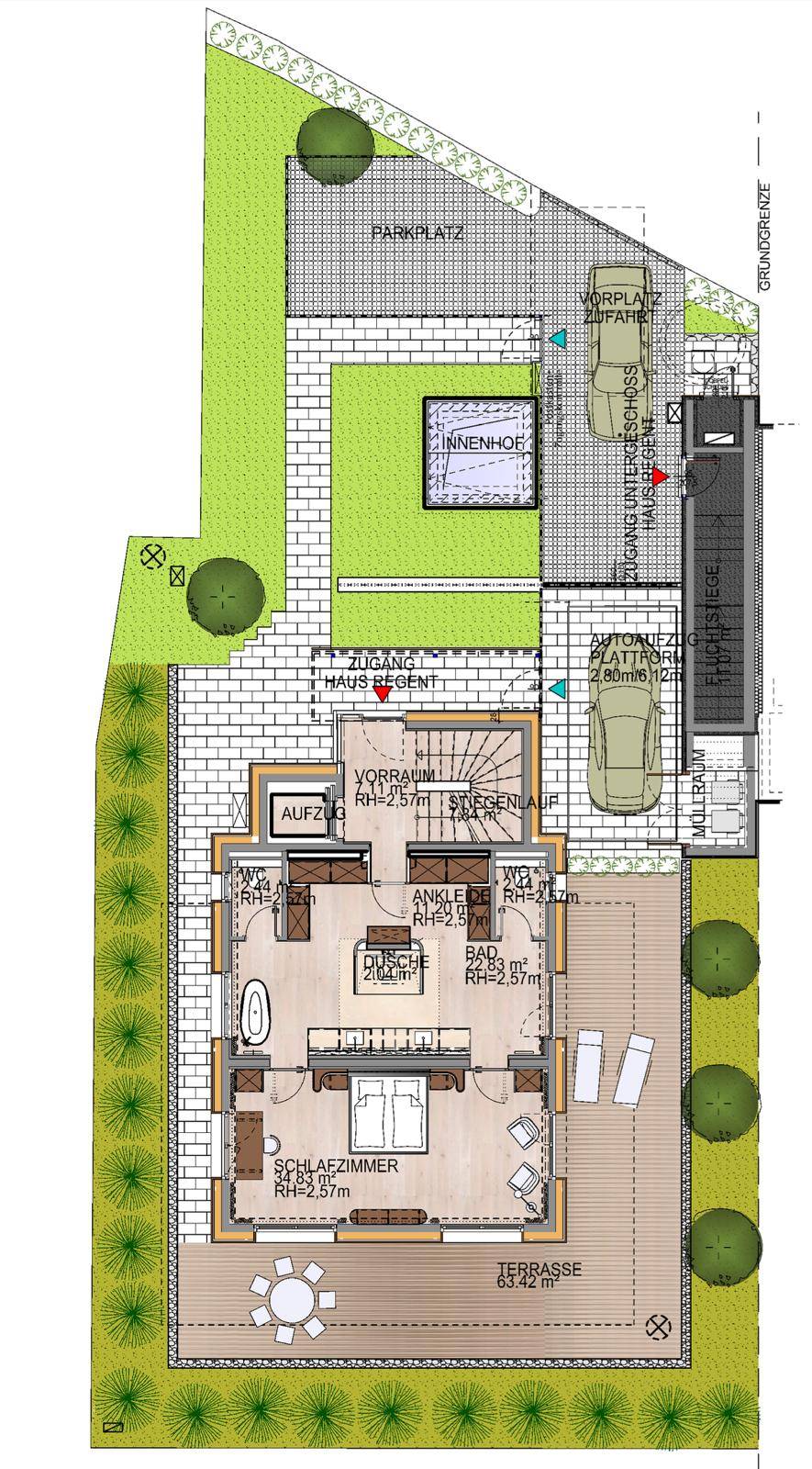 Grundriss des Erdgeschosses mit Schlafzimmer, Terrasse und Gartenbereich.