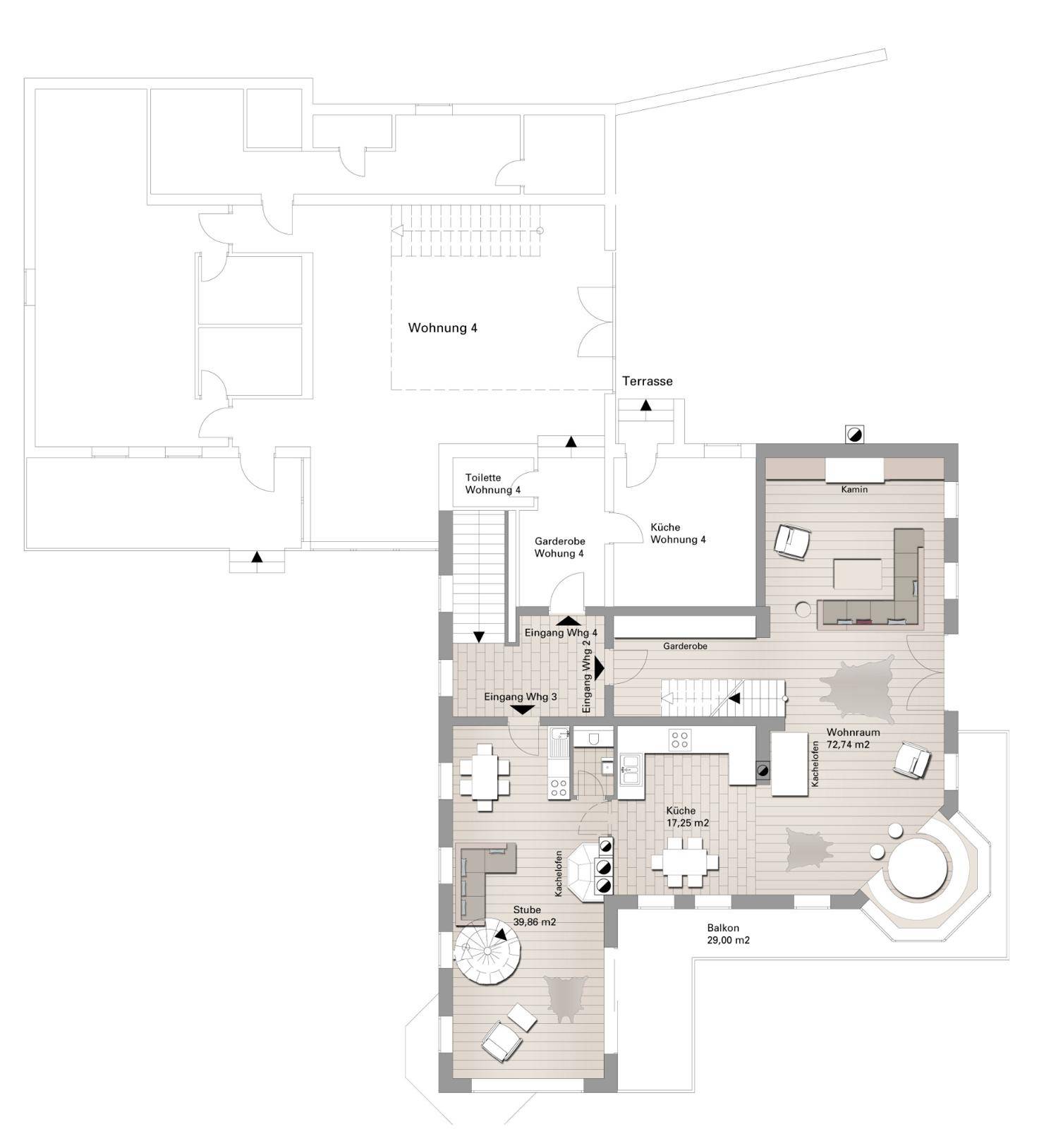Grundrissplan mit Wohnbereichen, Küchen, Kachelofen und großem Balkon für mehrere Wohneinheiten.