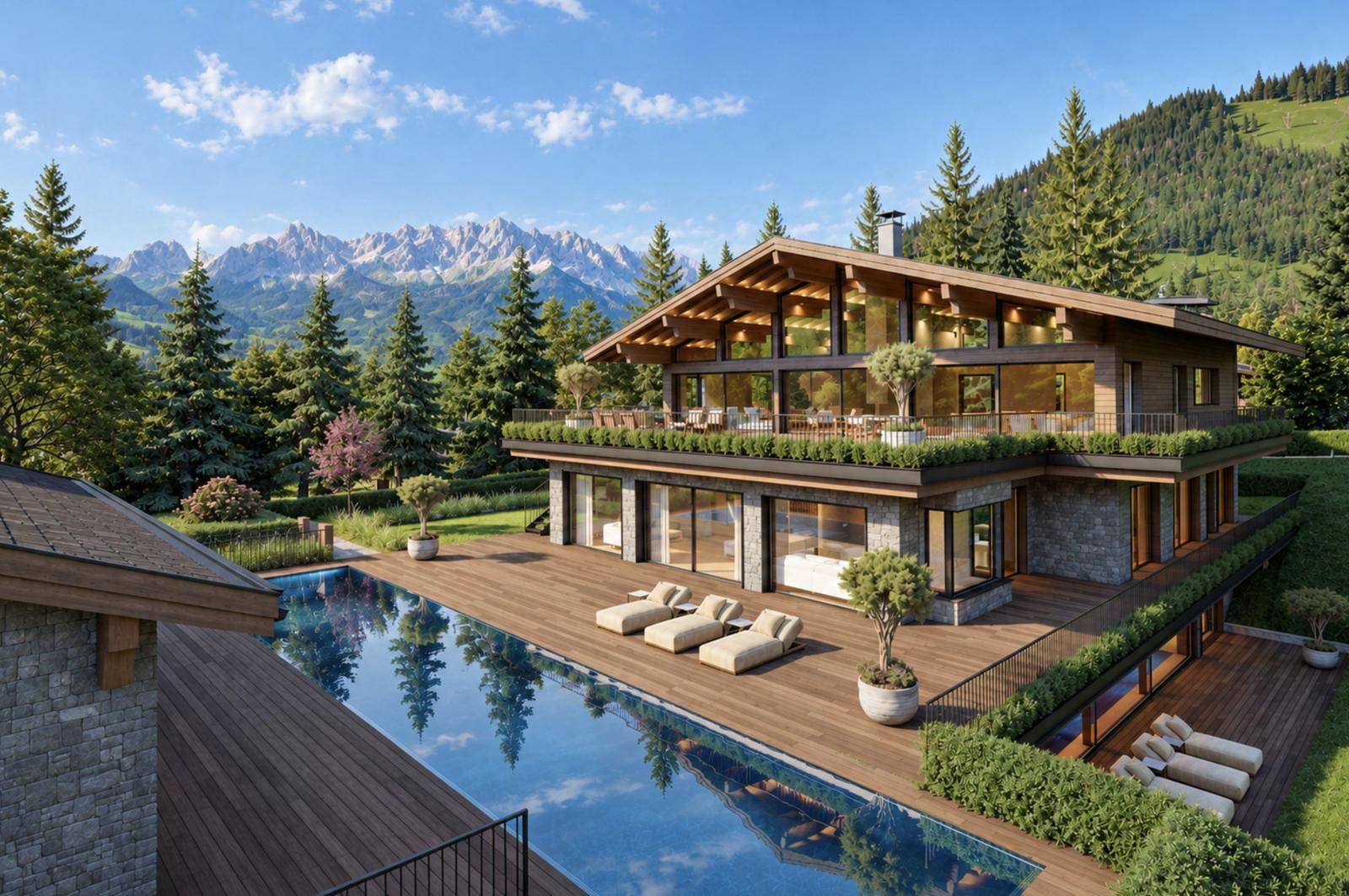 Beeindruckendes Chalet mit weitläufiger Holzterrasse, Pool und majestätischem Bergblick.