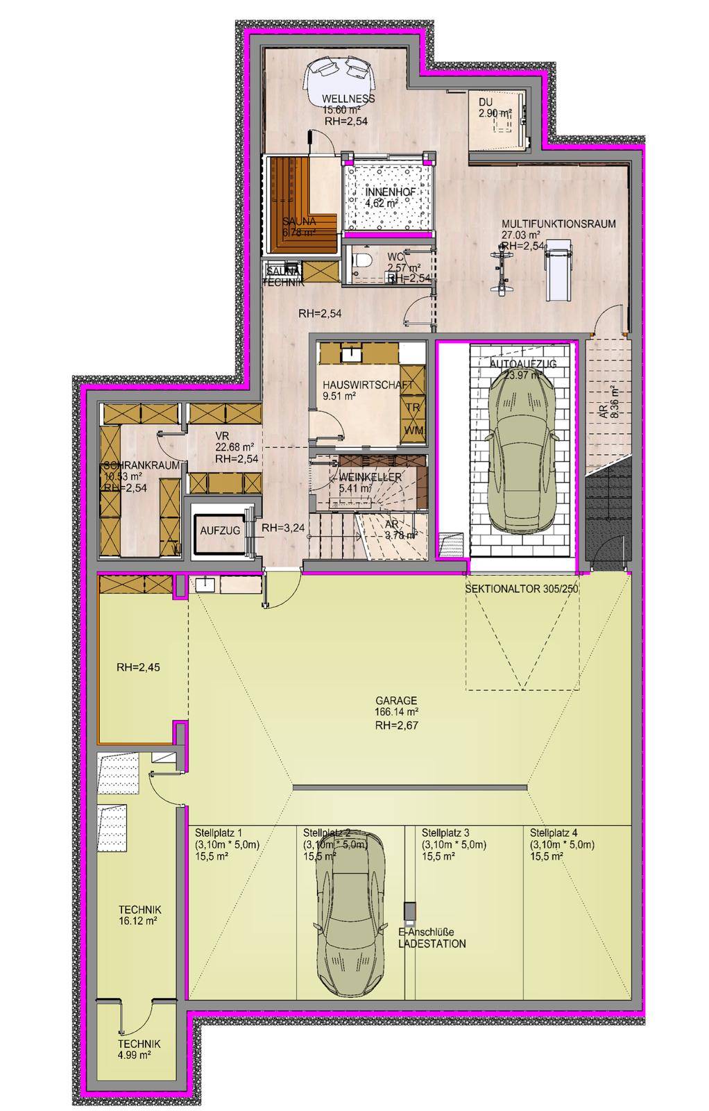 Grundriss des Untergeschosses mit Garage, Wellnessbereich und Weinkeller.