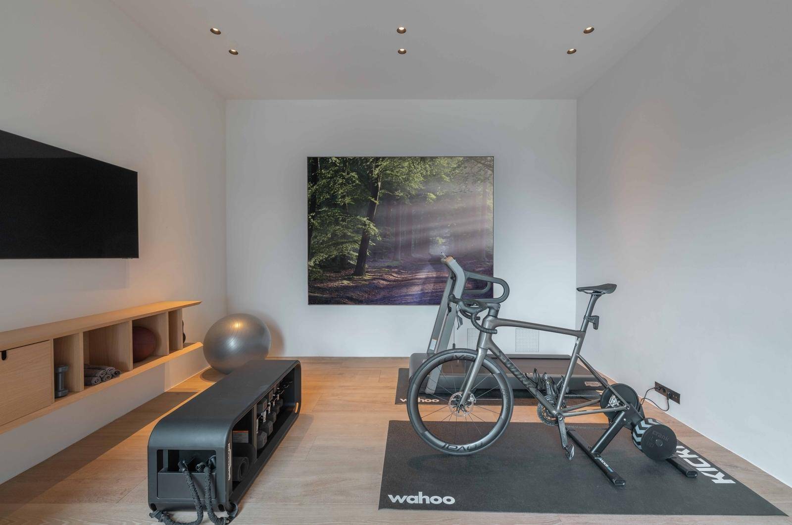Heller Fitnessraum mit Trainingsgeräten, großem Fernseher und Holzboden.