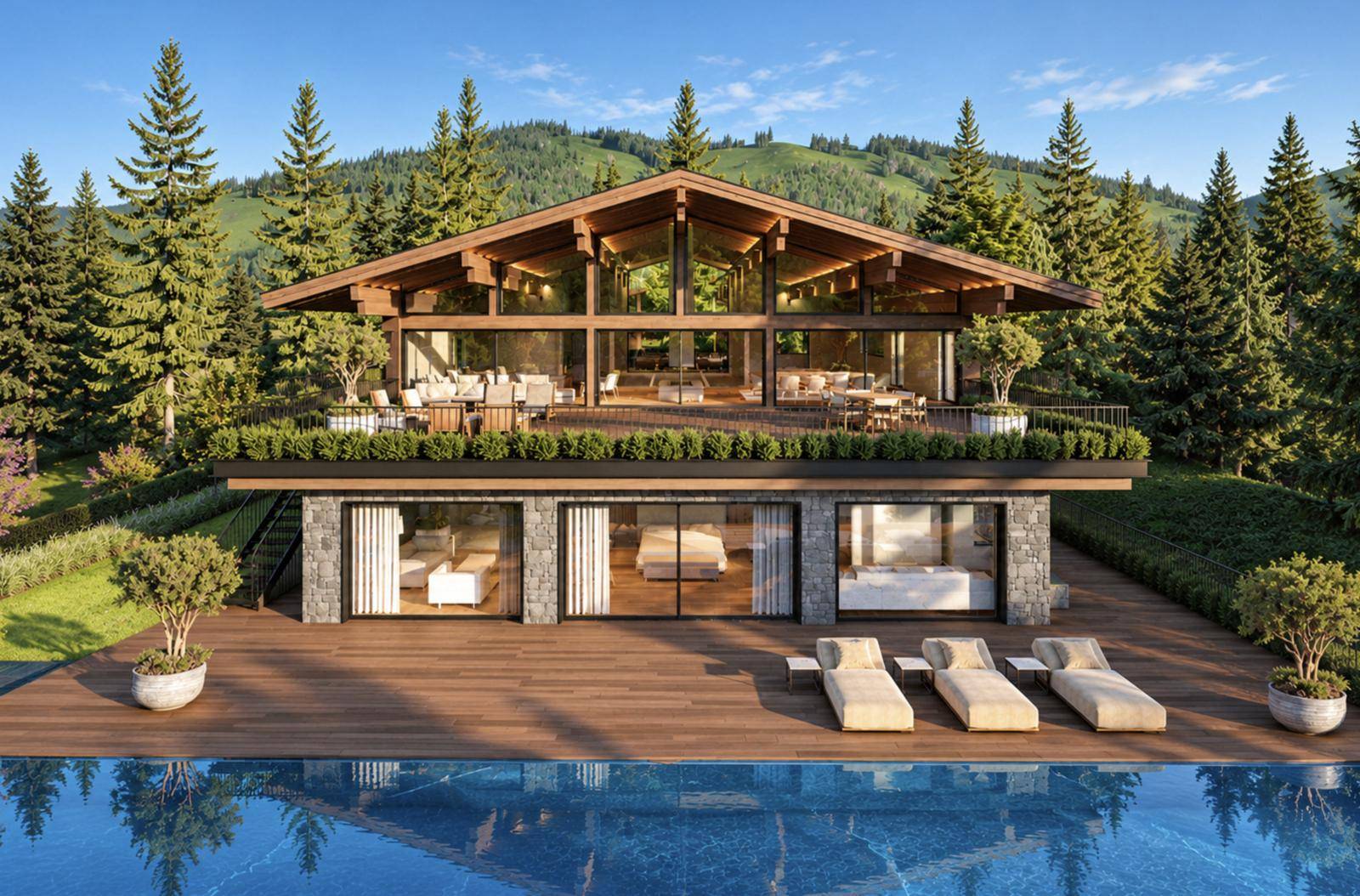 Moderne Villa mit weitläufiger Holzterrasse, Pool und beeindruckender Bergkulisse.
