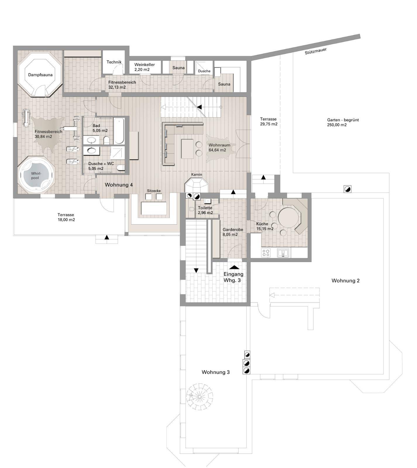 Detaillierter Grundrissplan mit Wohnzimmer, Küche, Fitnessbereich, Weinkeller und Terrasse.