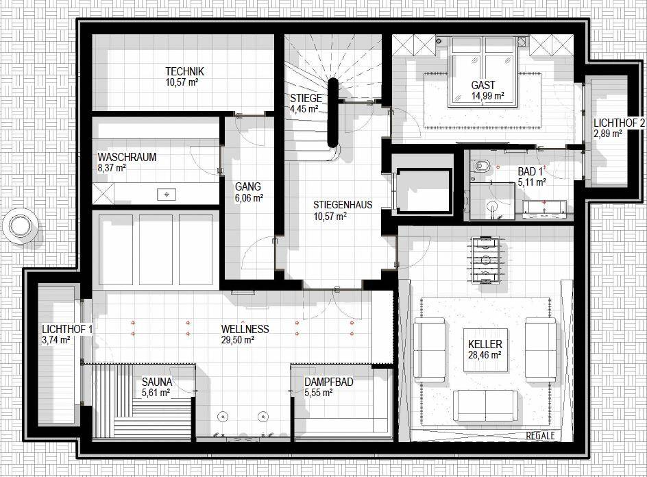 Grundriss des Untergeschosses mit Wellnessbereich, Sauna, Gästezimmer und Technikraum.