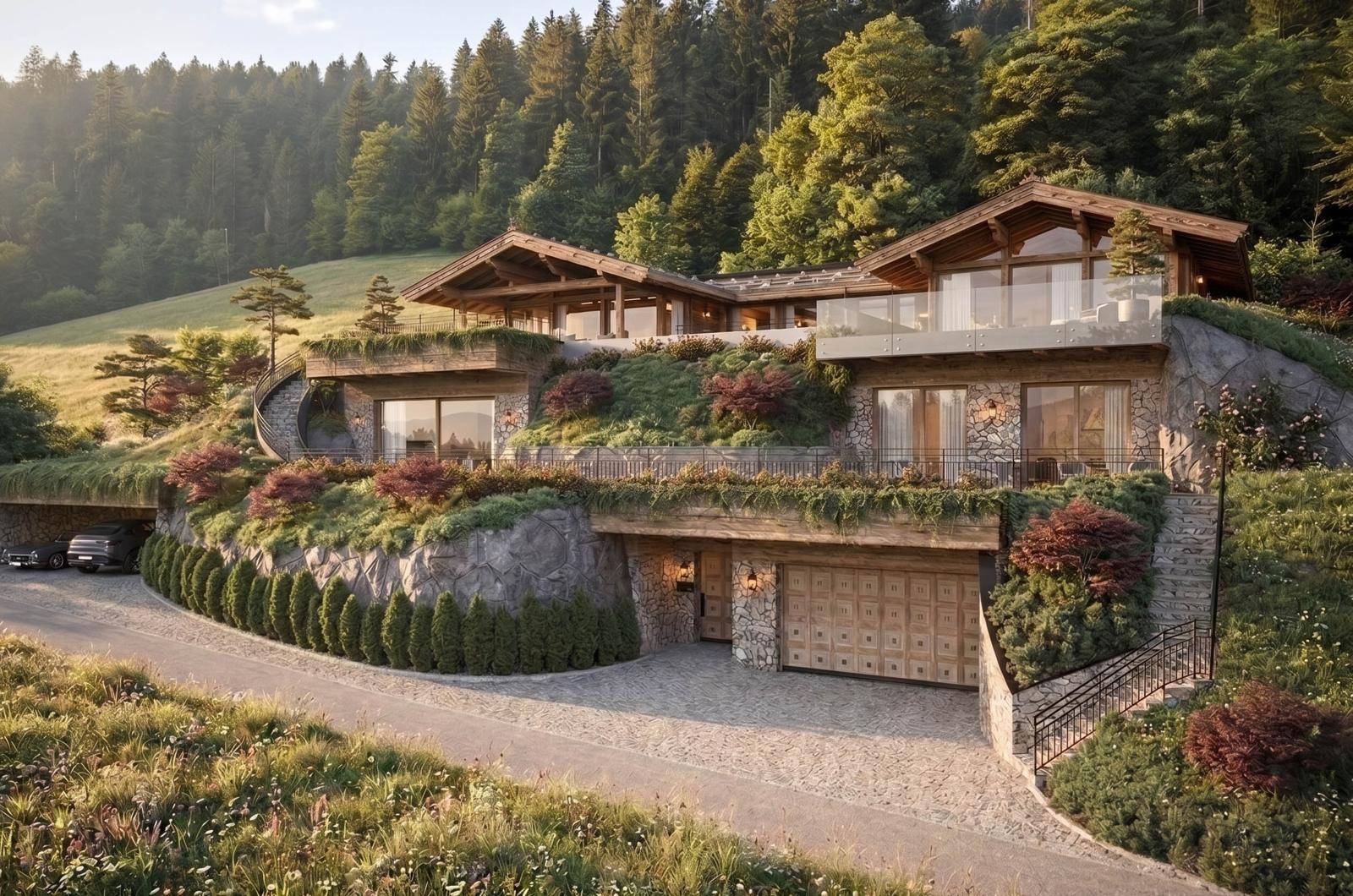 Beeindruckendes Chalet mit moderner Architektur, integrierten Garagen und weitläufiger Auffahrt in alpiner Landschaft.