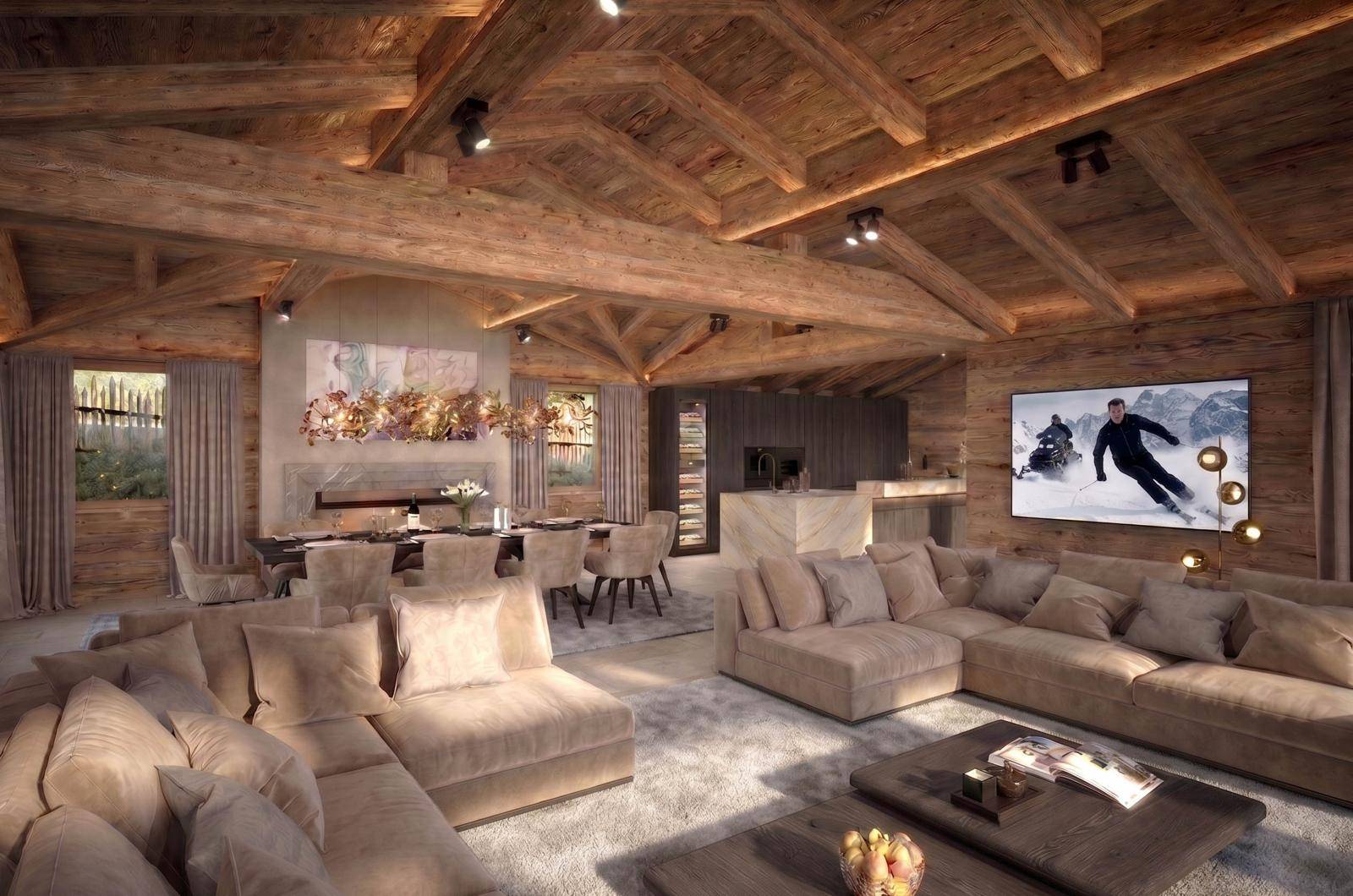 Gemütlicher Wohnbereich mit großen Sofas, Holzbalkendecke und integriertem Essbereich in luxuriösem Chalet-Stil.