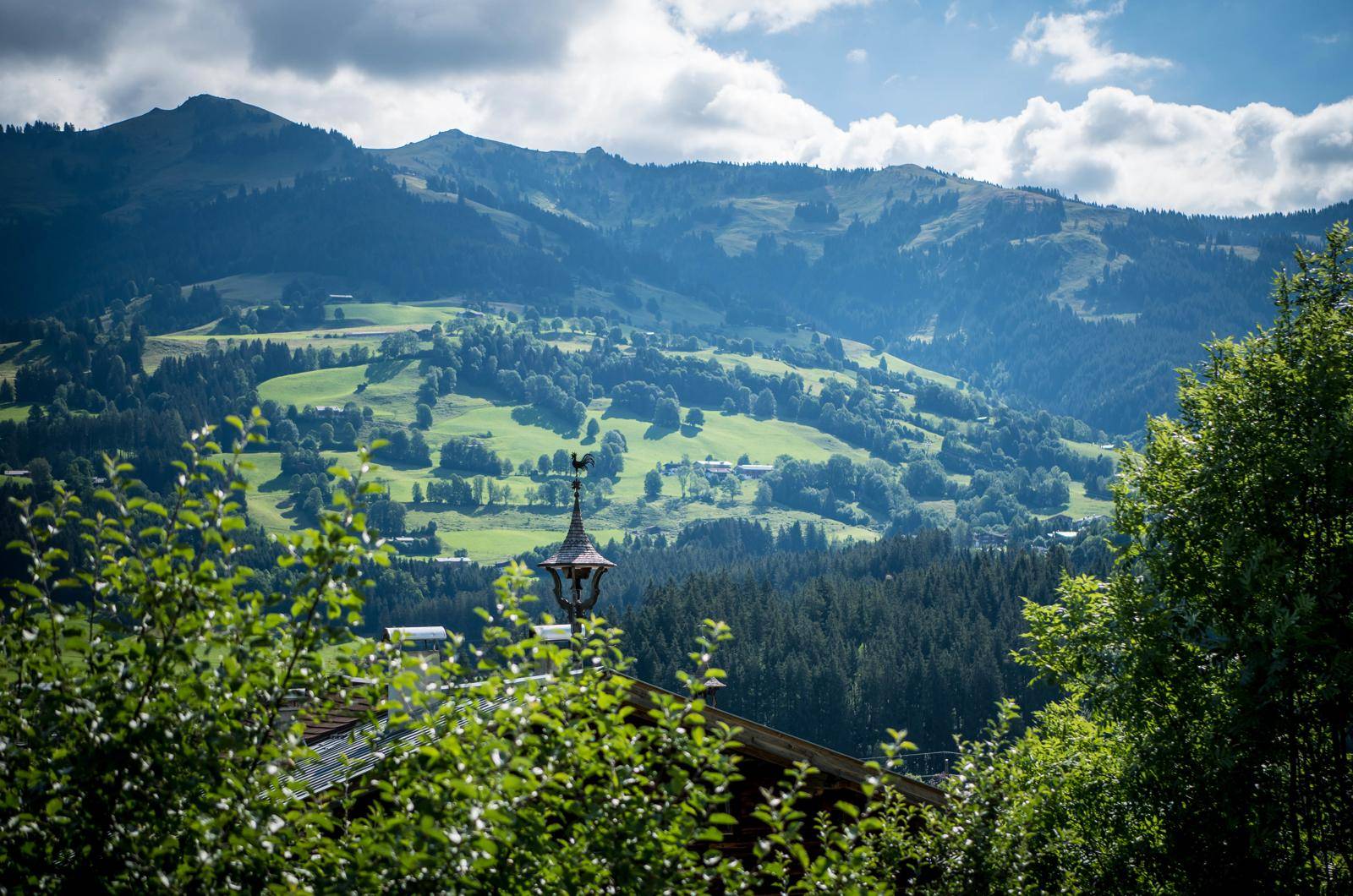 Weitläufiger Panoramablick über sanfte grüne Hügel und majestätische Berge.