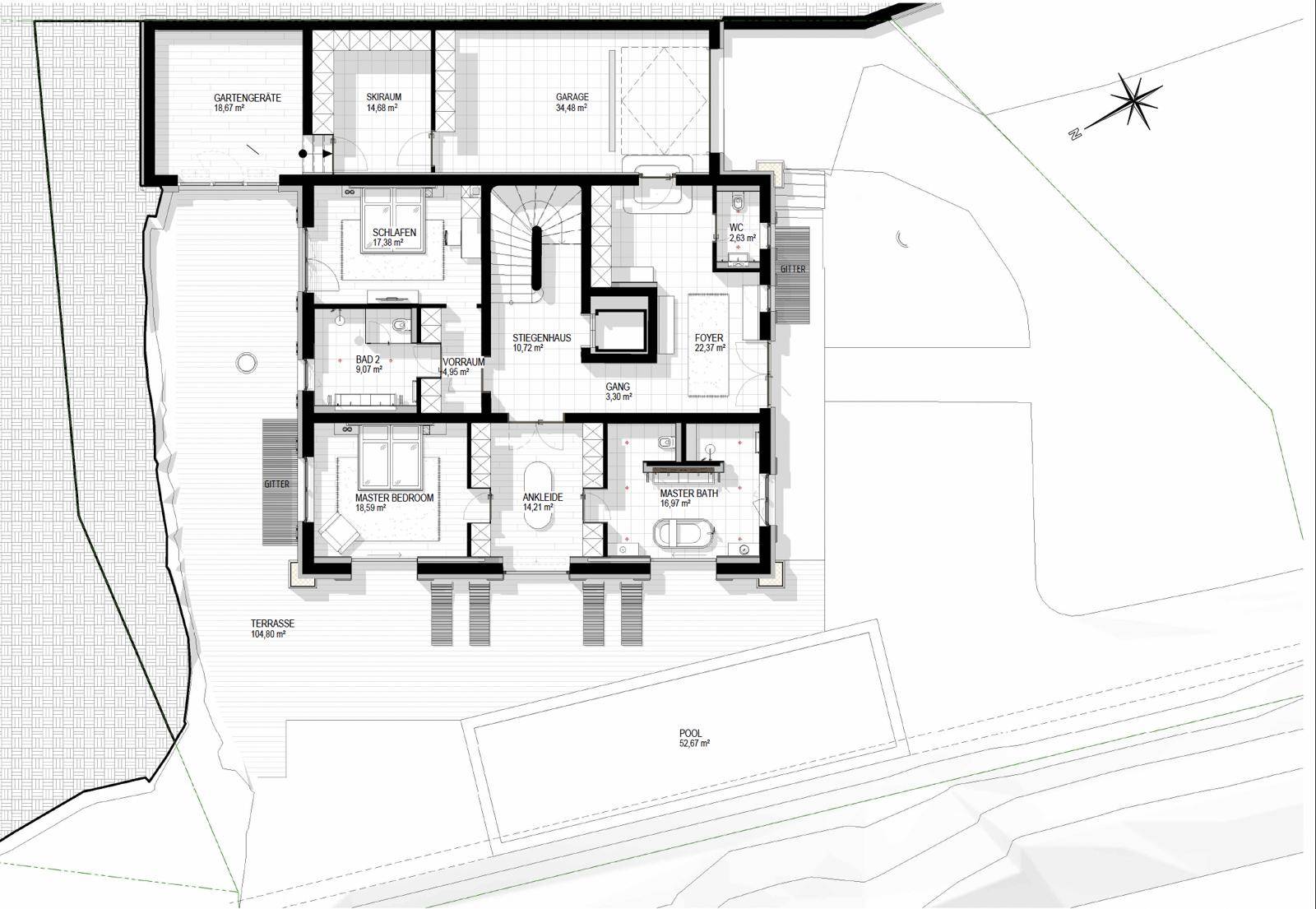 Grundriss des Erdgeschosses mit Schlafzimmern, Bädern, Terrasse und Poolbereich.