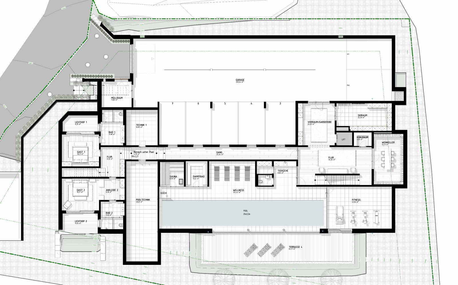 Grundriss des Untergeschosses mit Wellnessbereich, Hallenbad, Garage und weiteren Räumen.