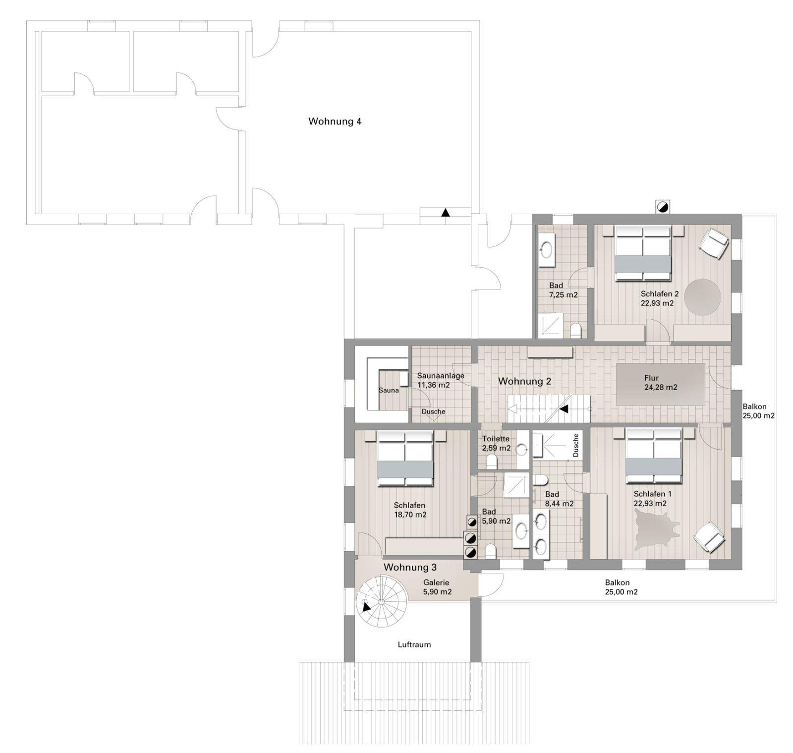 Grundrissplan der oberen Etage mit mehreren Schlafzimmern, Bädern, Sauna und Balkonen.