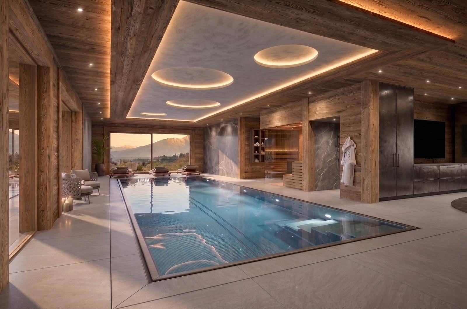 Exklusiver Innenpoolbereich mit Sauna, Liegeflächen und Panoramablick auf die umliegende Berglandschaft.
