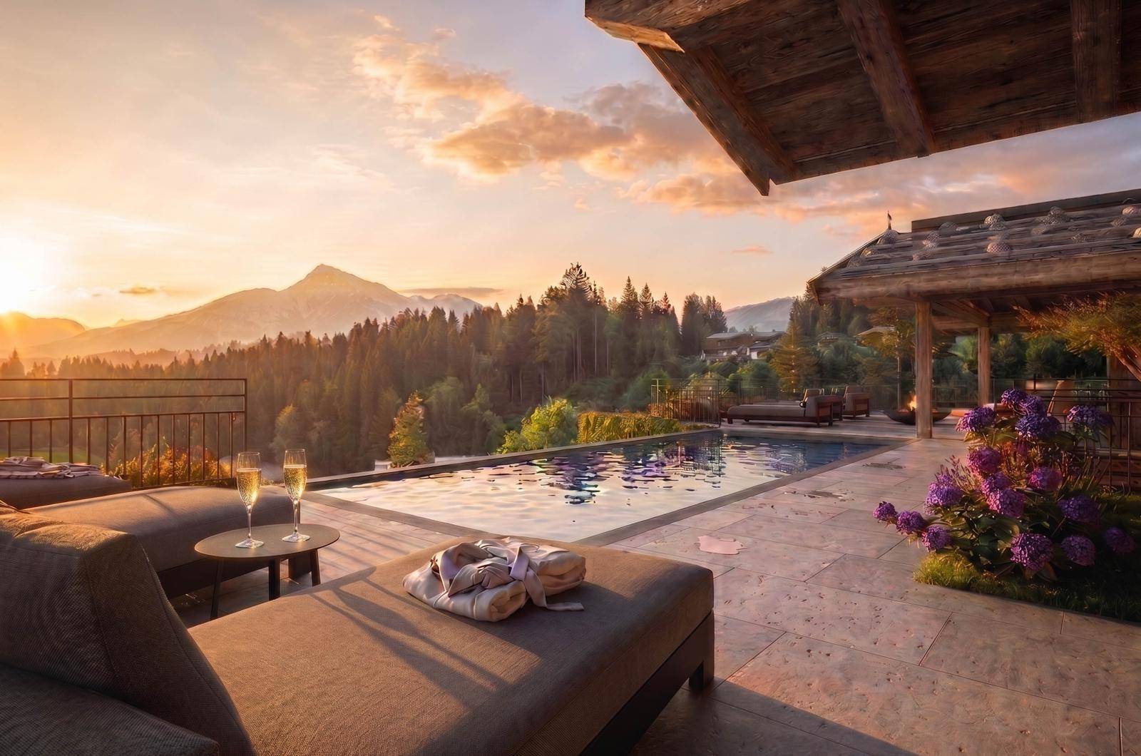 Infinity-Pool mit Liegestühlen und atemberaubendem Bergblick bei Sonnenuntergang, ideal zum Entspannen.