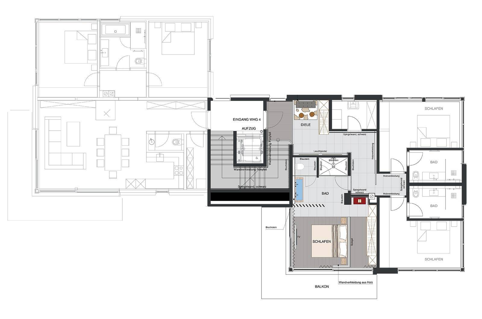 Grundriss der oberen Etage mit Schlafzimmern, Bädern und Balkonzugang.