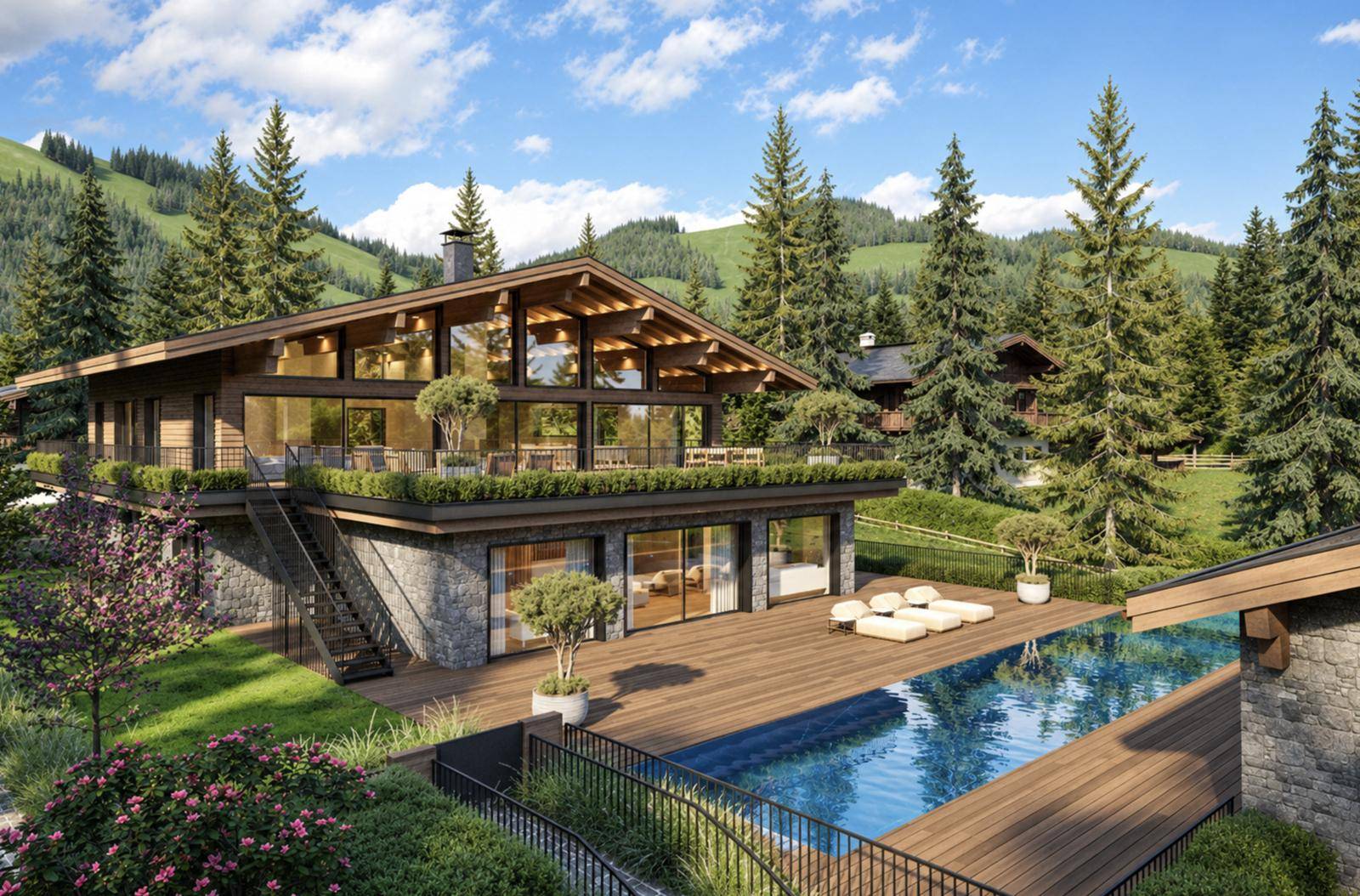 Elegantes Chalet mit großzügiger Holzterrasse, Pool und umgebender alpiner Landschaft.