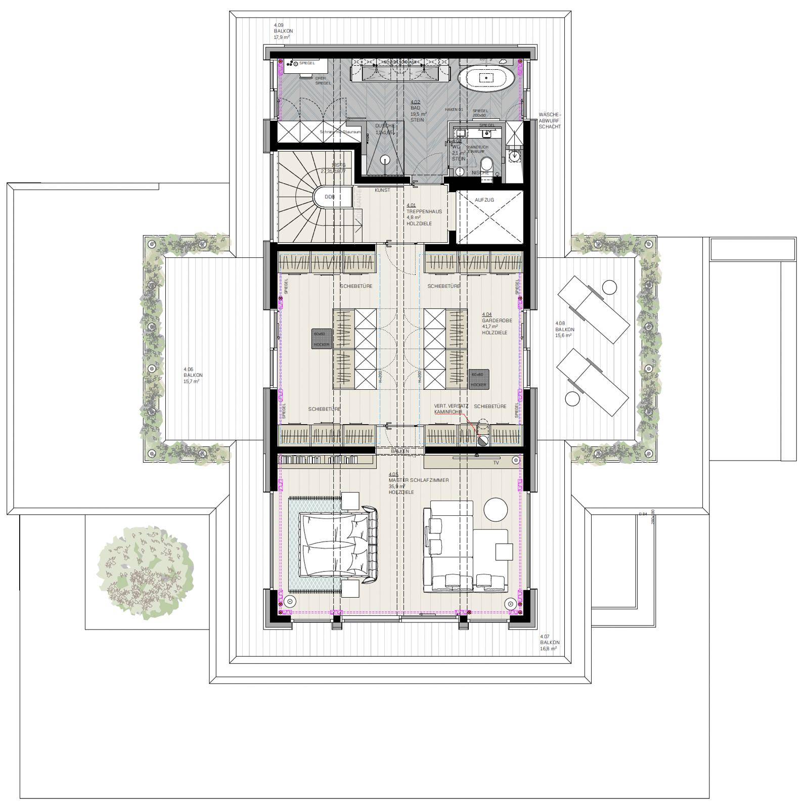 Grundriss des Obergeschosses mit Schlafzimmern, Bädern, Master-Schlafzimmer und Zugang zu Balkonen.