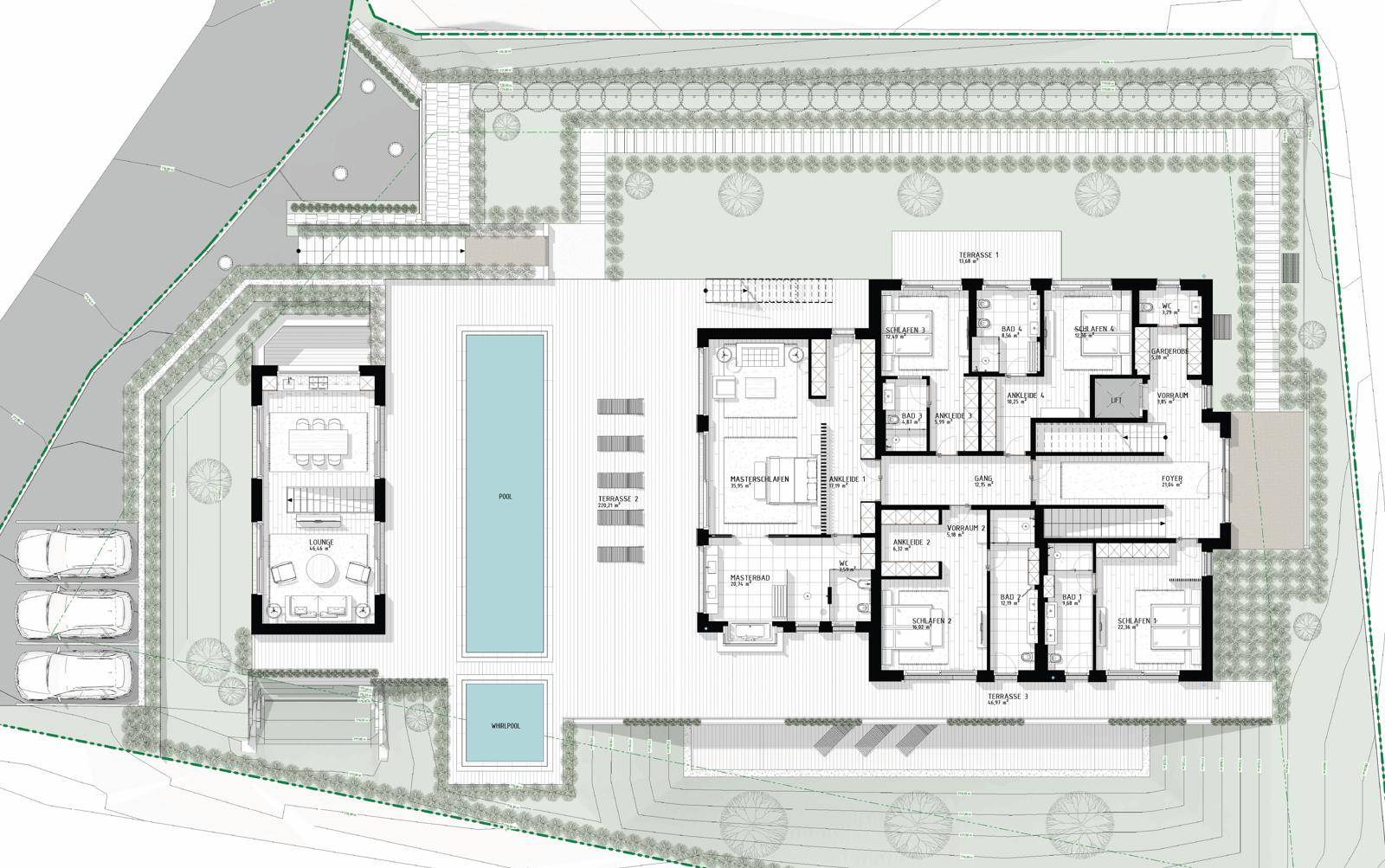 Grundriss des Obergeschosses mit mehreren Schlafzimmern, Bädern und Balkonen.