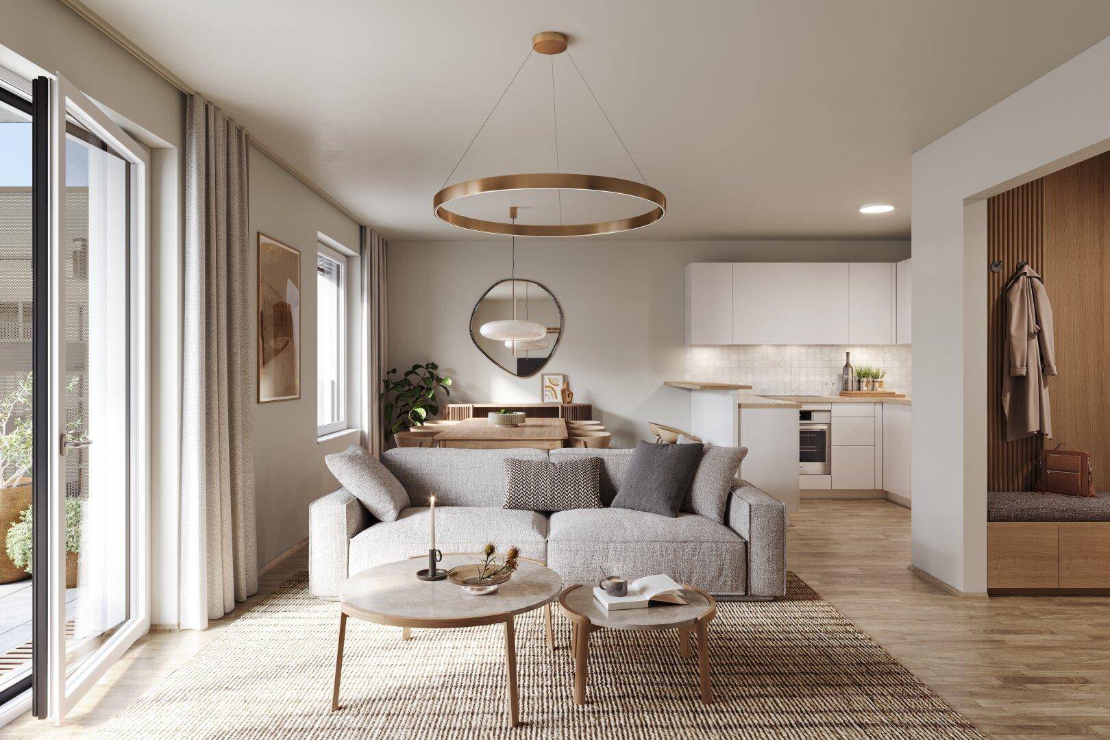 Helles Wohnzimmer mit gemütlichem Sofa, Holzboden und Zugang zu einem Balkon.