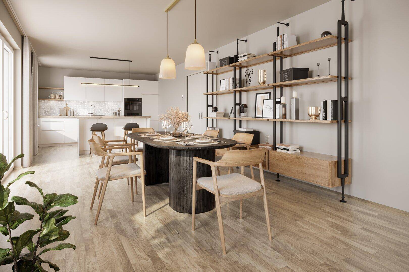 Geräumiger Essbereich mit großem Holztisch, modernen Regalen und offener Küche im Hintergrund.