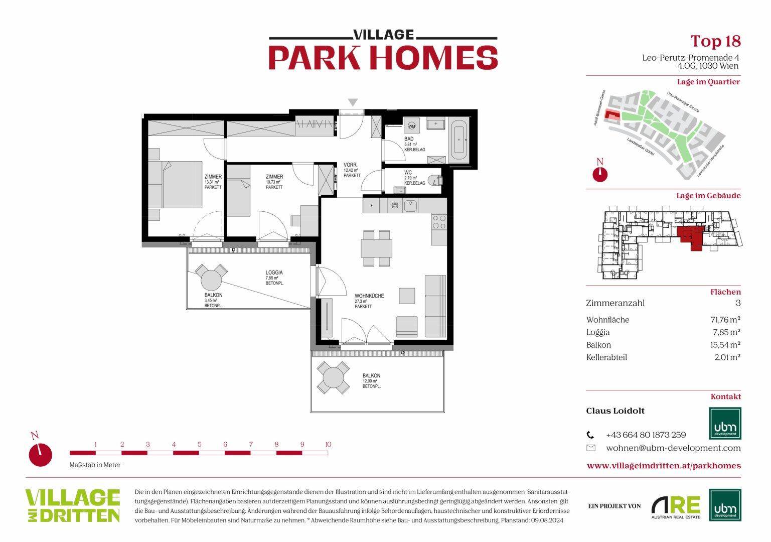 Detaillierter Grundriss einer Wohnung mit drei Zimmern, offener Wohnküche, Loggia und zwei Balkonen.