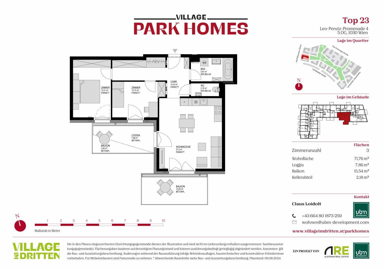 Detaillierter Grundriss einer Wohnung mit drei Zimmern, Loggia und Balkon.