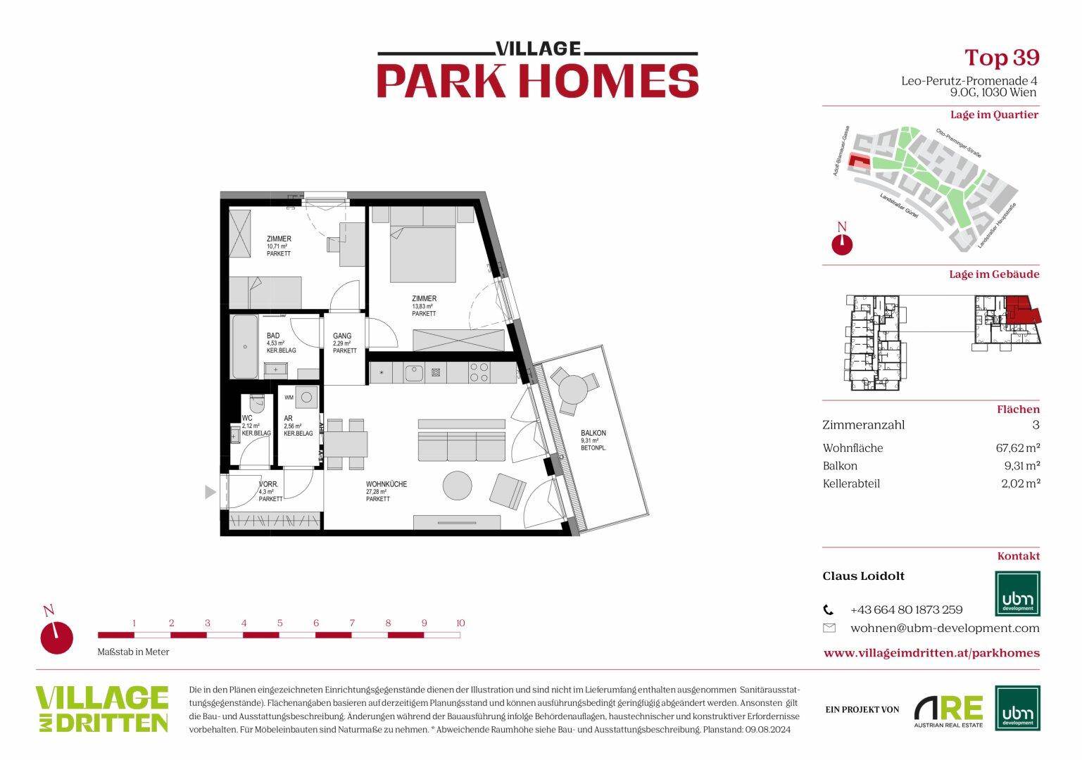 Grundriss der Wohnung mit drei Zimmern, Balkon und Kellerabteil.