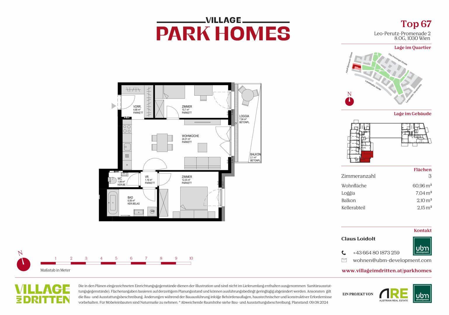 Detaillierter Grundriss einer Wohnung mit Loggia, Balkon und drei Zimmern.