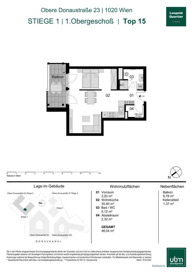 Grundriss einer Wohnung mit Balkon, Schlafzimmer und offenem Wohn-Kochbereich.