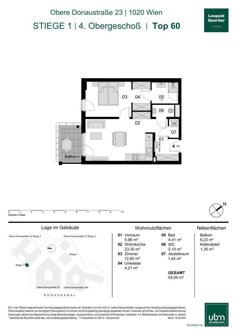 Detaillierter Grundriss einer Wohnung im 4. Obergeschoss mit Balkon und Wohnküche.