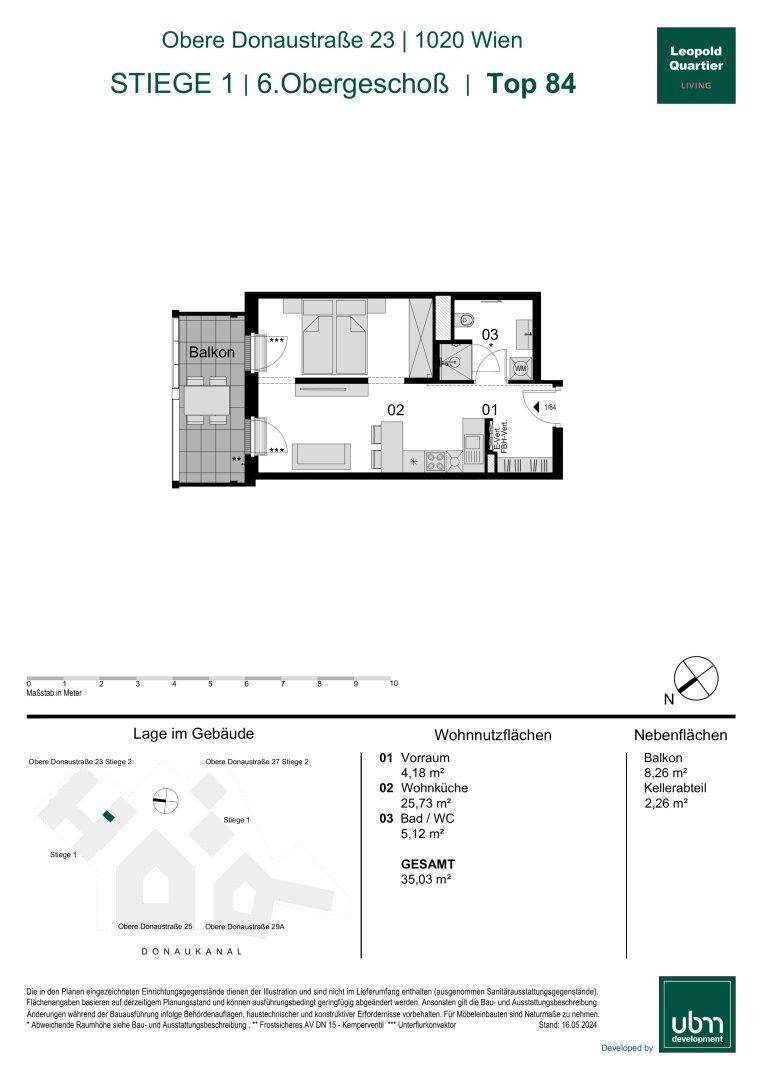 Grundriss einer Wohnung mit Balkon, Schlafzimmer und offenem Wohn-Essbereich auf 35,03 m².