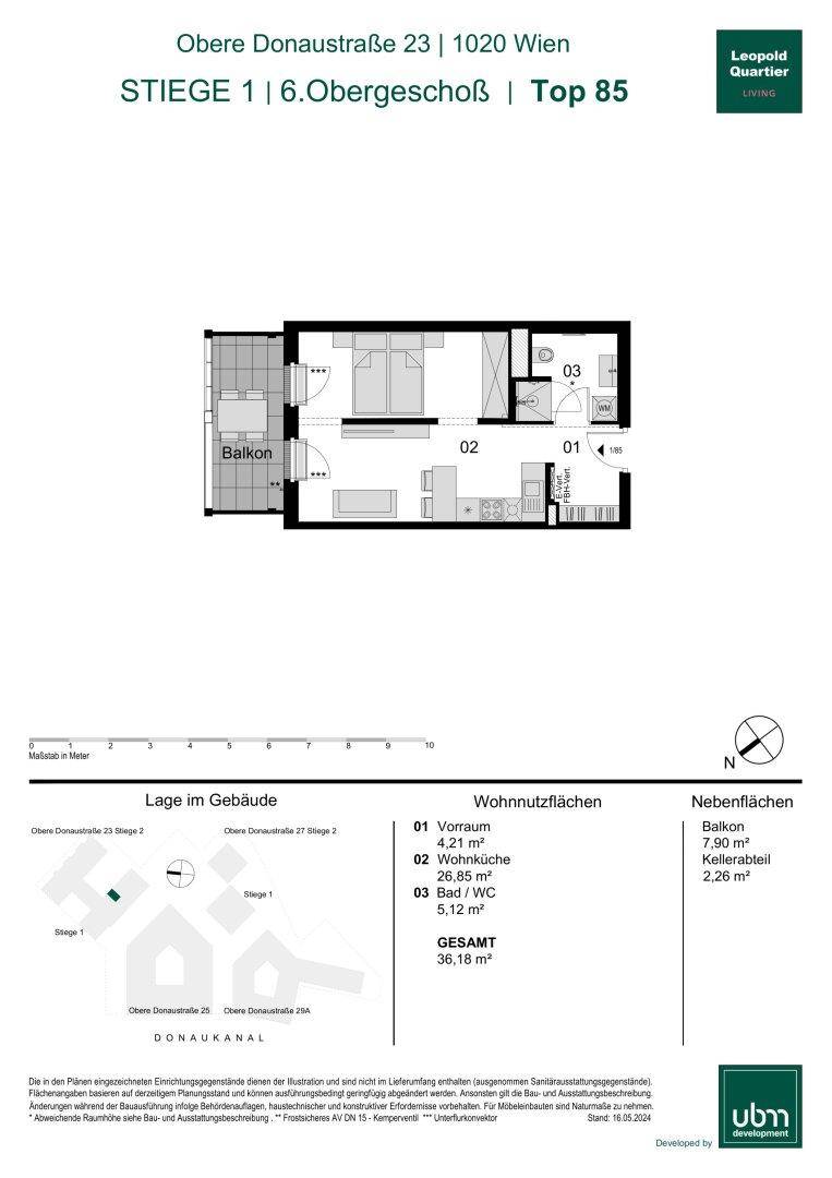 Grundriss einer Wohnung mit Balkon, Schlafzimmer und offenem Wohnbereich.