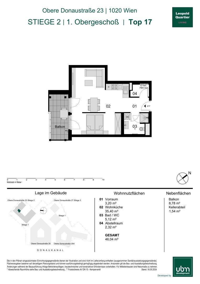 Grundriss einer Wohnung mit Balkon, offenem Wohnbereich und separatem WC.