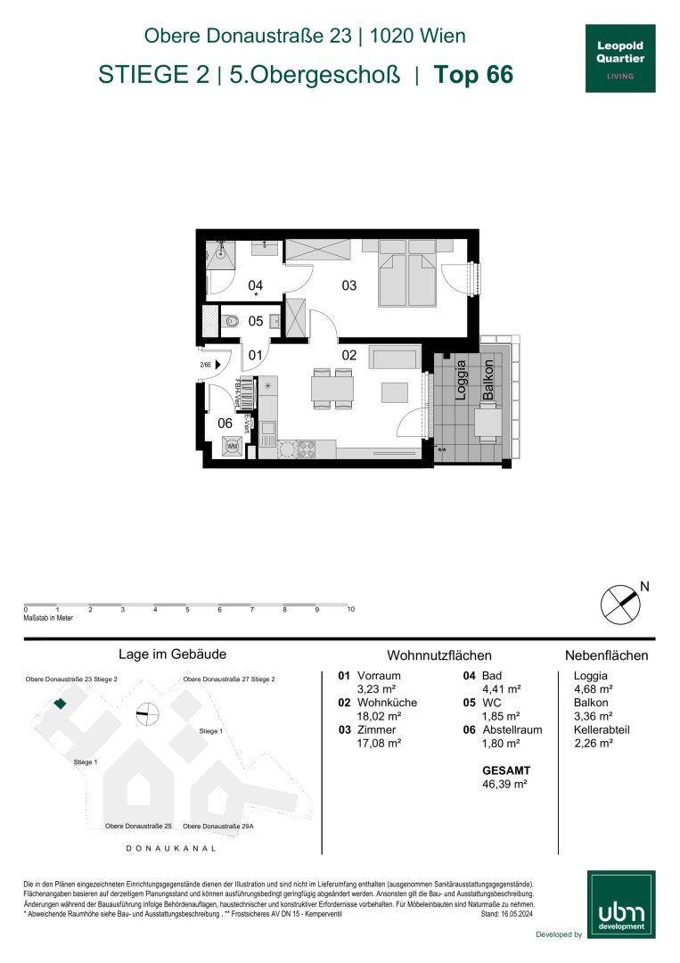Grundriss der Wohnung Top 66 im 5. Obergeschoss mit Loggia und Balkon.