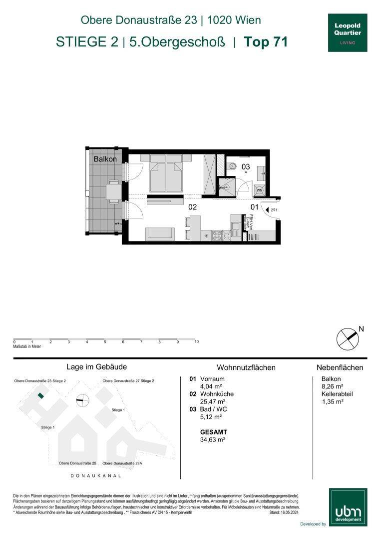 Grundriss einer Wohnung im 5. Obergeschoss mit Balkon, Wohnküche und Bad.