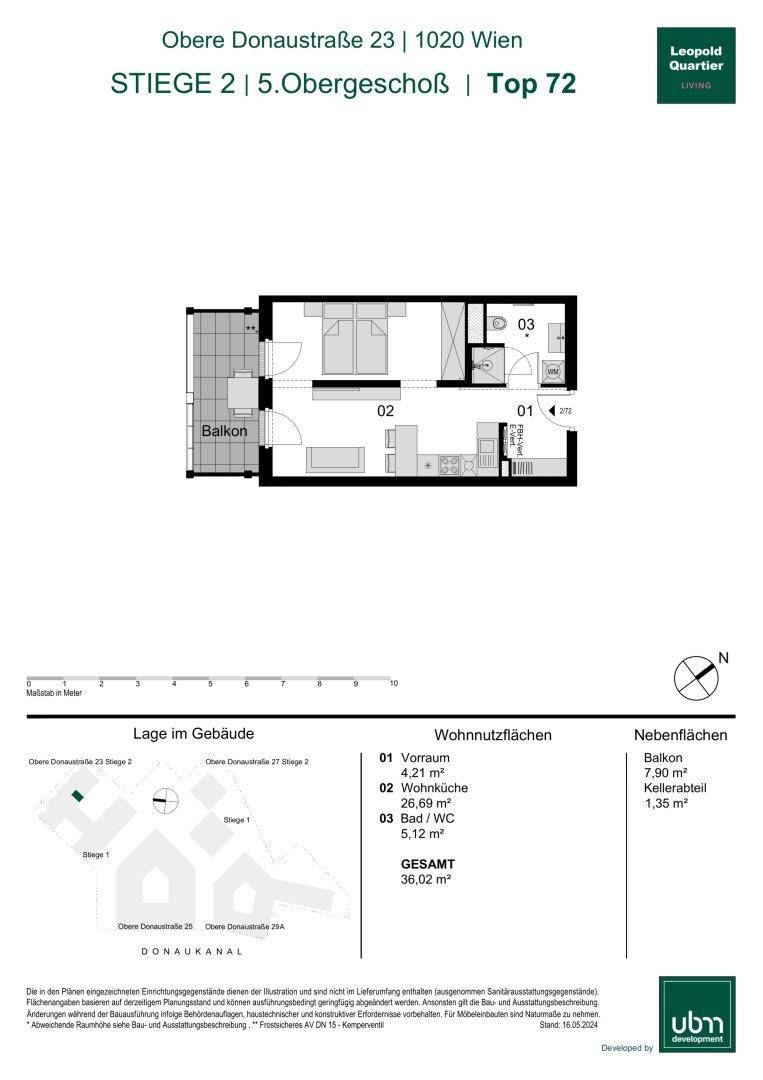 Grundriss einer Wohnung mit Balkon, einem Schlafzimmer und offenem Wohnbereich.