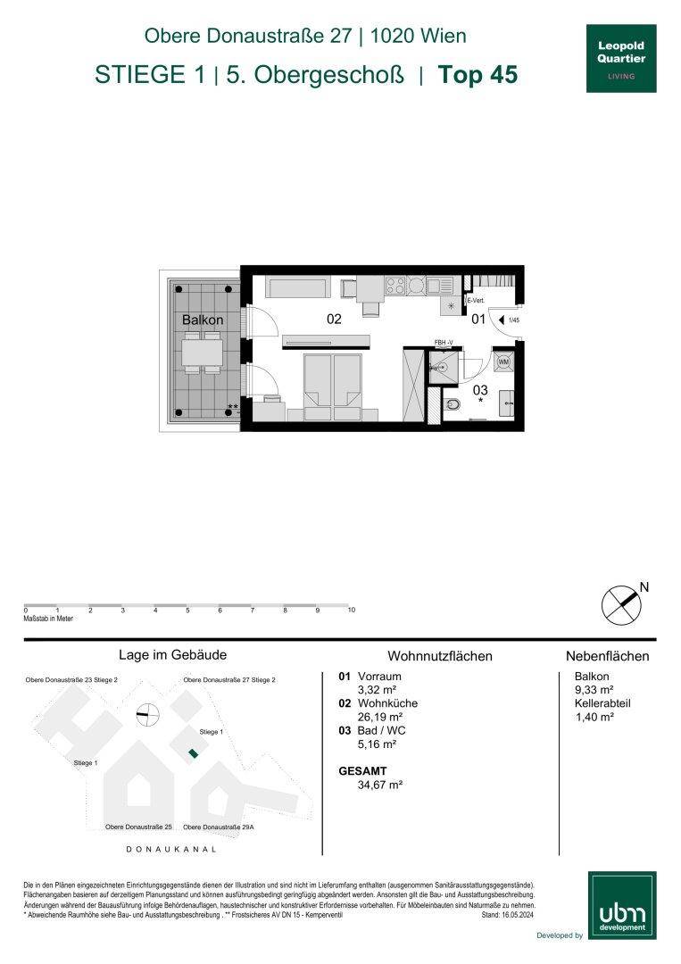 Grundriss einer Wohnung mit Balkon, Wohnküche und separatem WC.