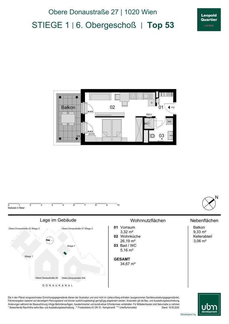 Grundriss einer Wohnung im 6. Obergeschoss mit Balkon und effizienter Raumaufteilung.