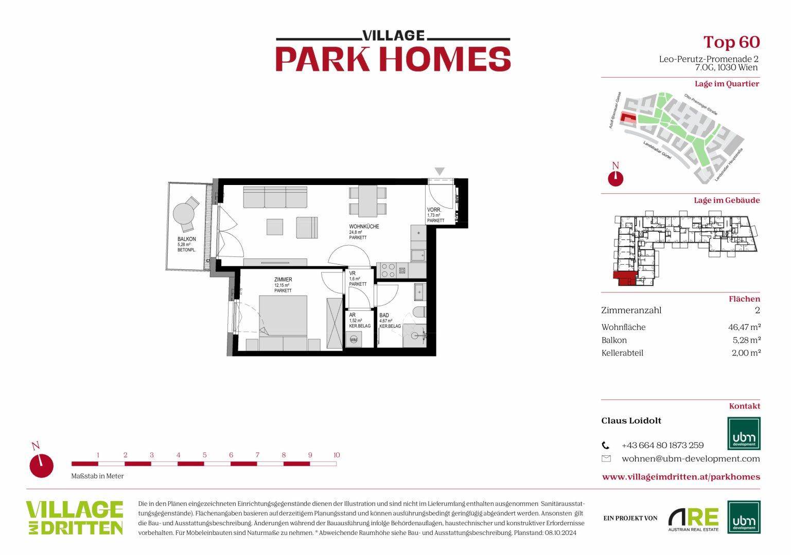 Grundriss einer Zweizimmerwohnung mit Balkon, offenem Wohnbereich und Kellerabteil.