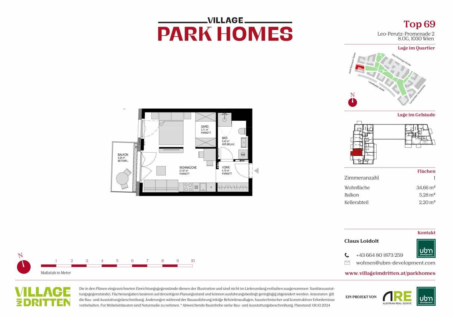 Grundriss einer Wohnung mit einem Schlafzimmer, Balkon und offener Wohnküche.