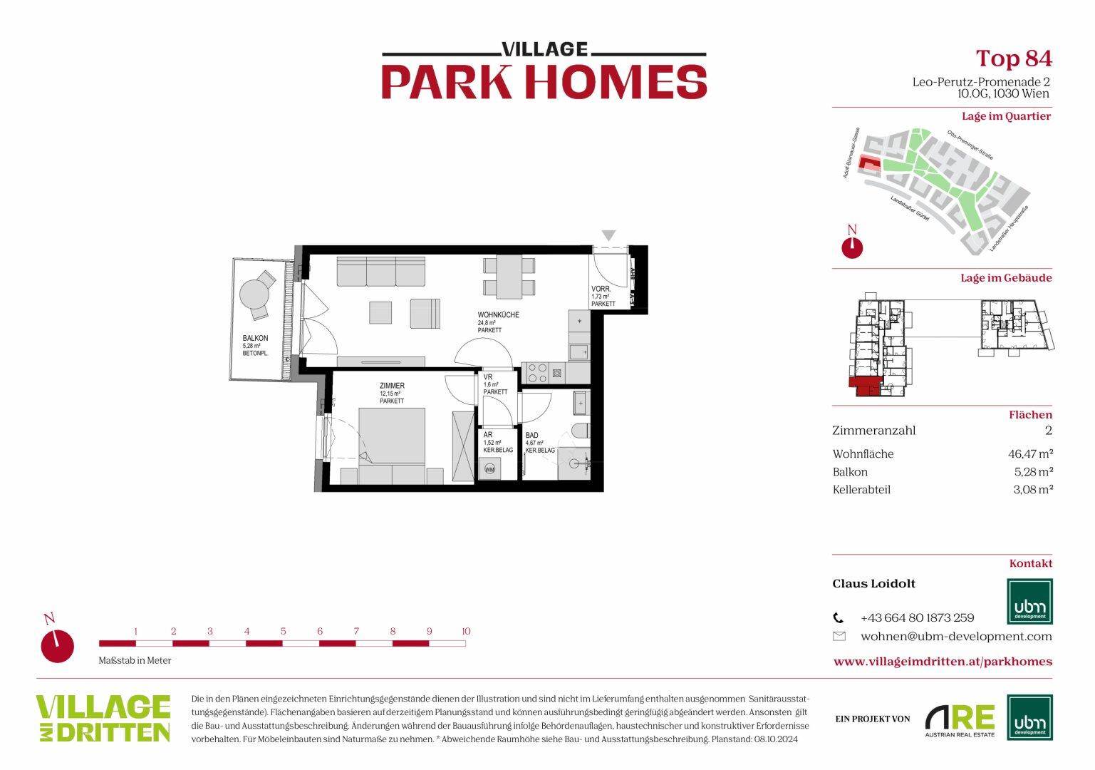 Grundriss einer Wohnung mit zwei Zimmern, Balkon und separatem Kellerabteil.