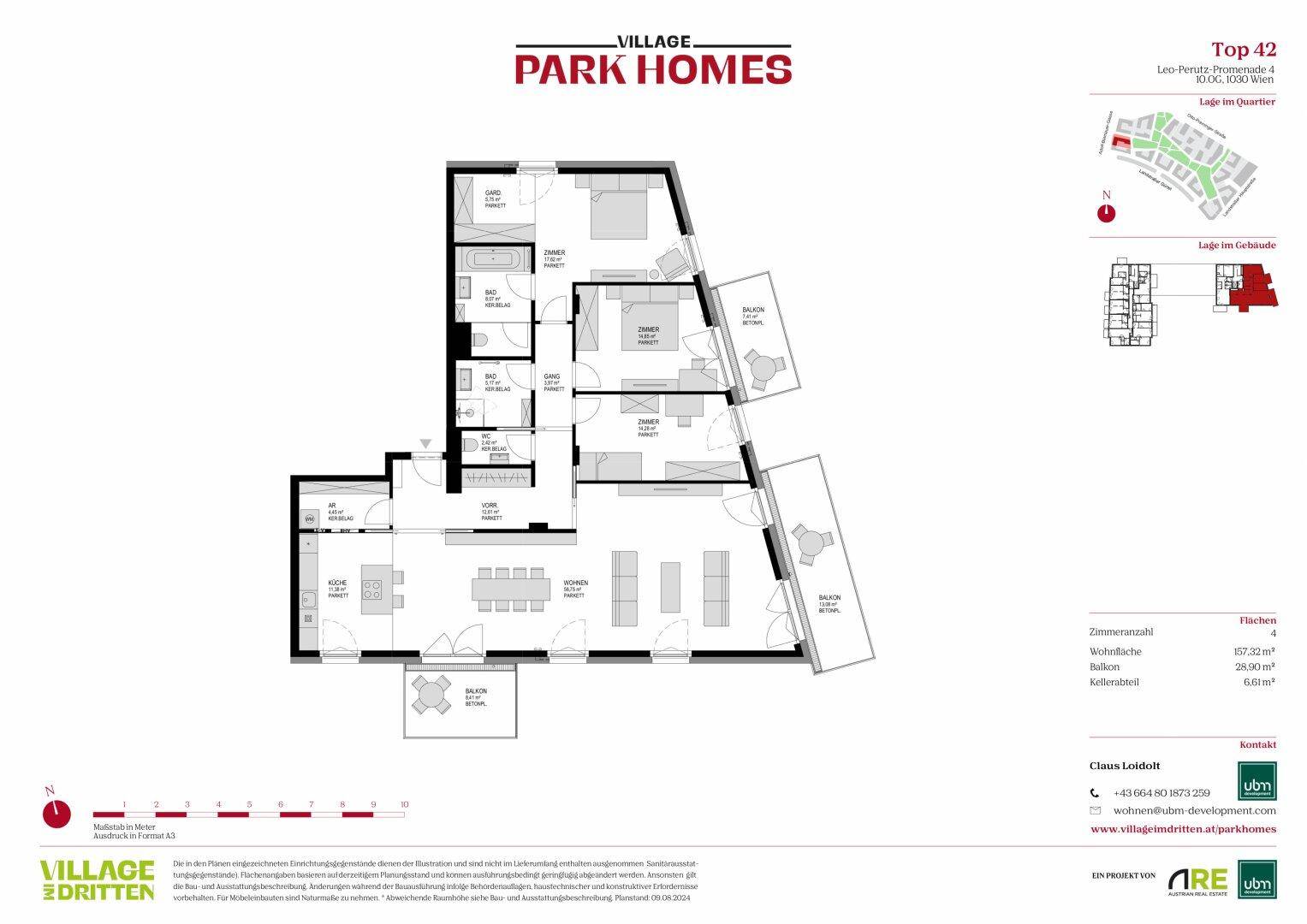 Detaillierter Grundriss einer Wohnung mit mehreren Zimmern und Balkonen.