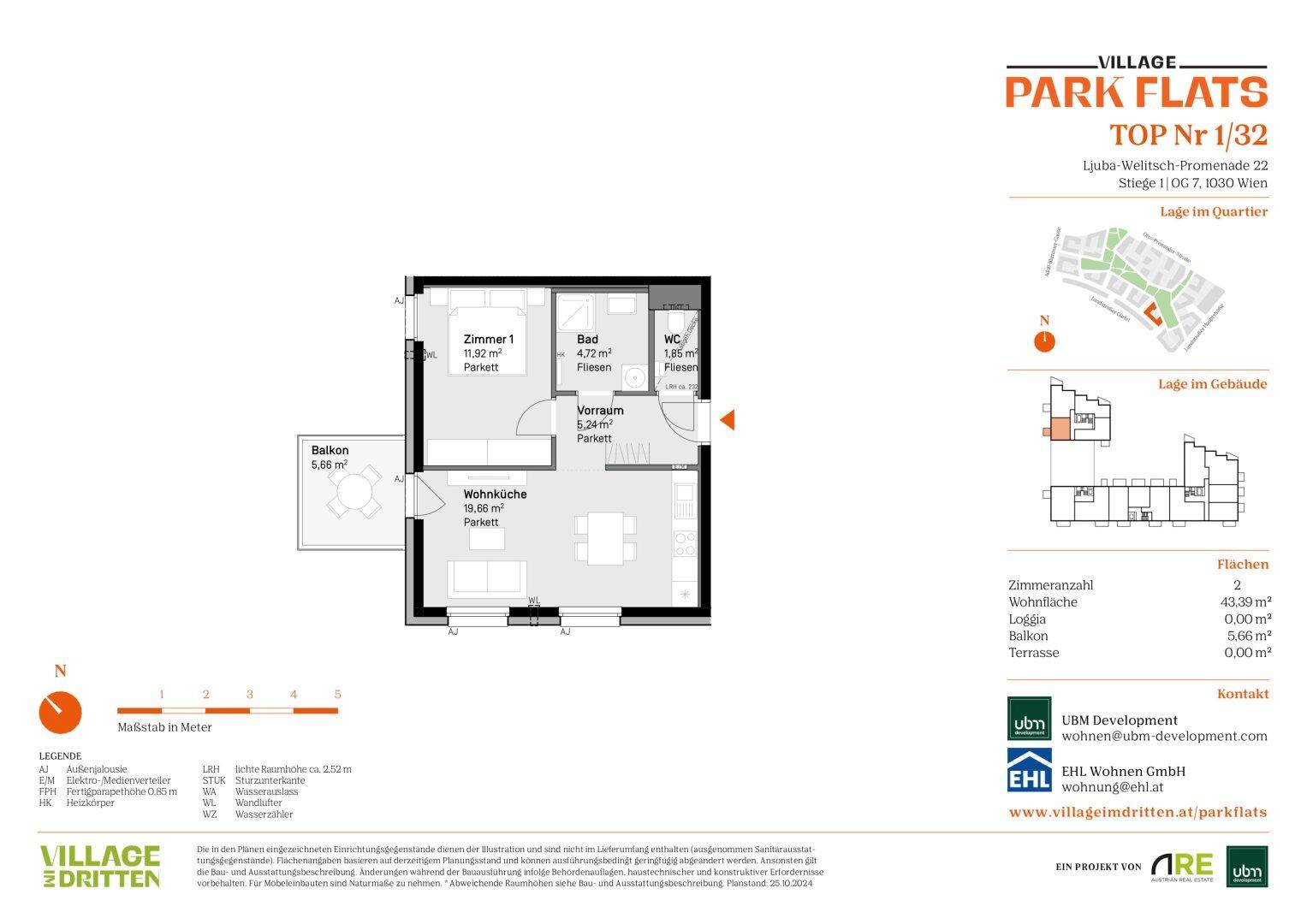 Grundriss einer Wohnung mit Wohnküche, Schlafzimmer, Bad und Balkon.