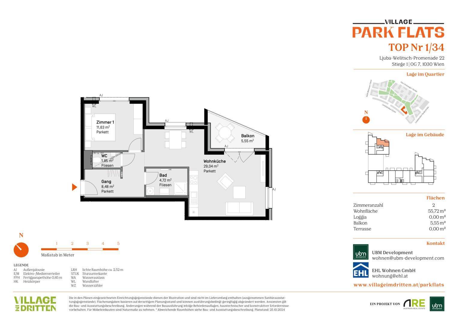 Grundriss einer modernen Wohnung mit offener Wohnküche, Balkon und separatem WC.