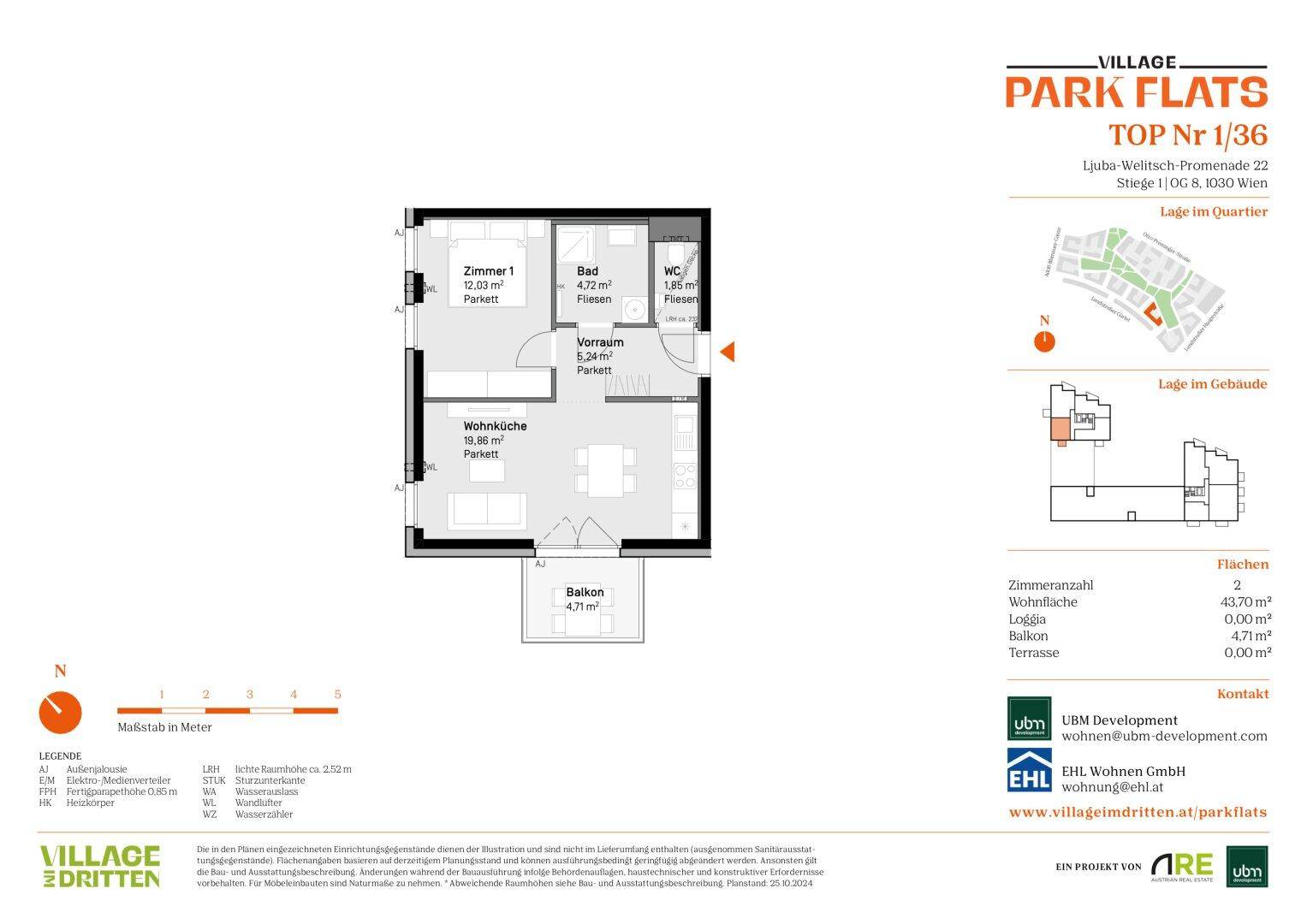 Grundriss einer 2-Zimmer-Wohnung mit Balkon, Bad und separatem WC.